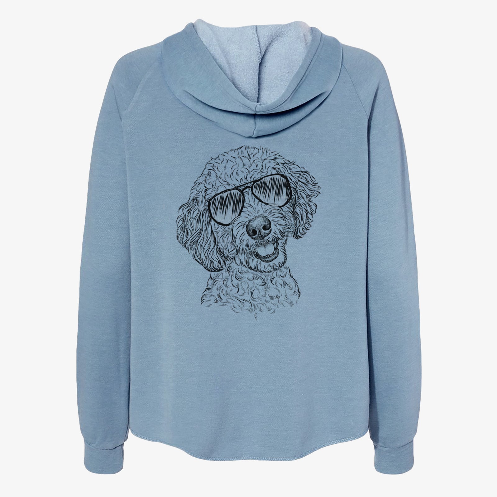 Hand-drawn sketch of Gizmo the Goldendoodle wearing aviator sunglasses on a Misty Blue Women's cali wave zip-up sweatshirt