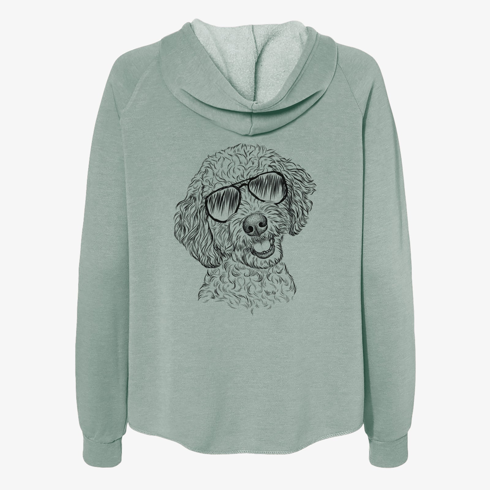 Hand-drawn sketch of Gizmo the Goldendoodle wearing aviator sunglasses on a Sage Women's cali wave zip-up sweatshirt