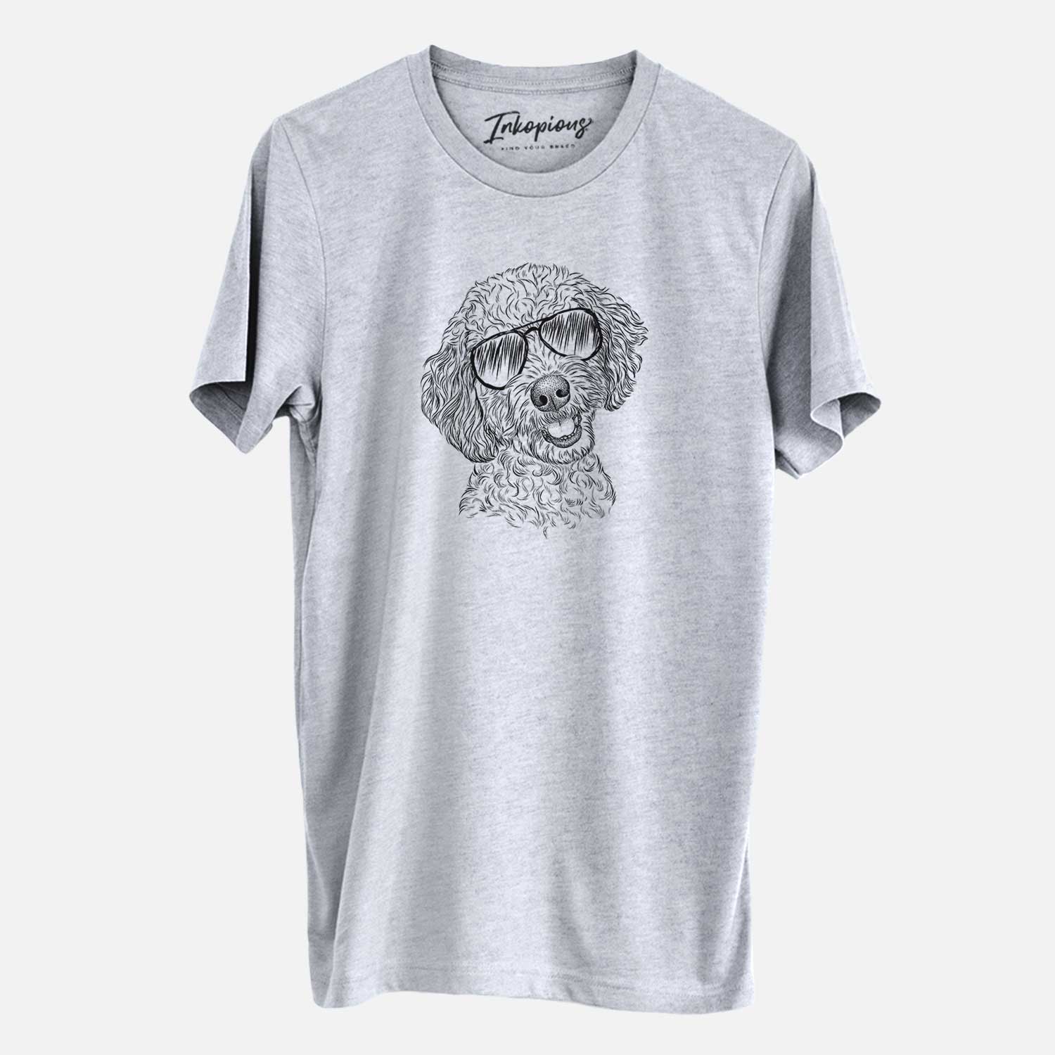 Hand-drawn sketch of Gizmo the Goldendoodle wearing aviator sunglasses on a Grey Unisex crewneck