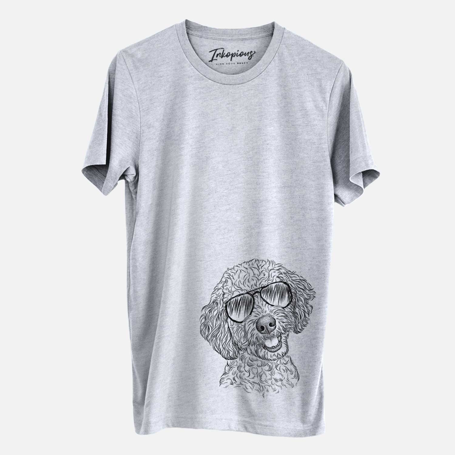 Hand-drawn sketch of Gizmo the Goldendoodle wearing aviator sunglasses on a Grey Unisex crewneck