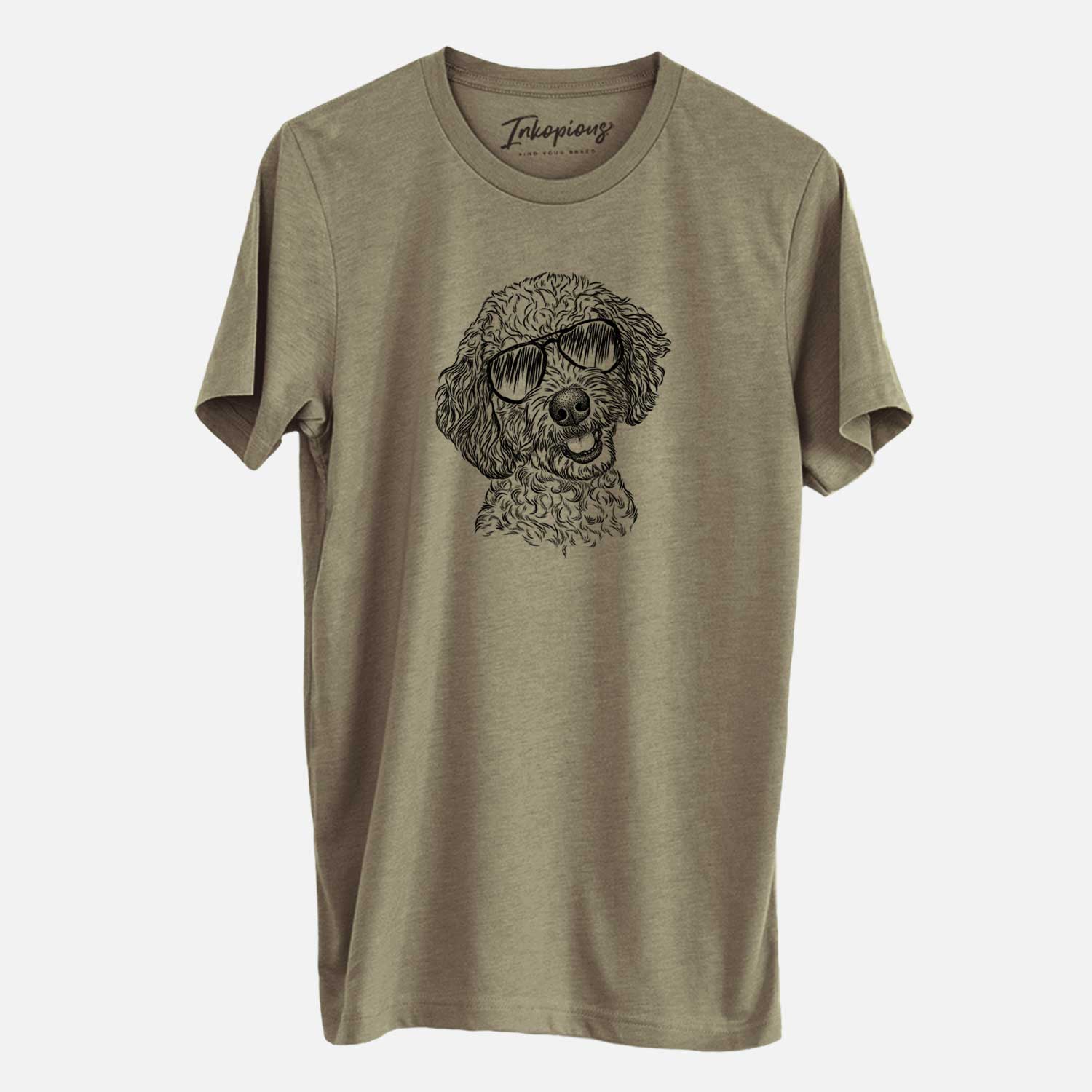 Hand-drawn sketch of Gizmo the Goldendoodle wearing aviator sunglasses on an Olive Unisex crewneck