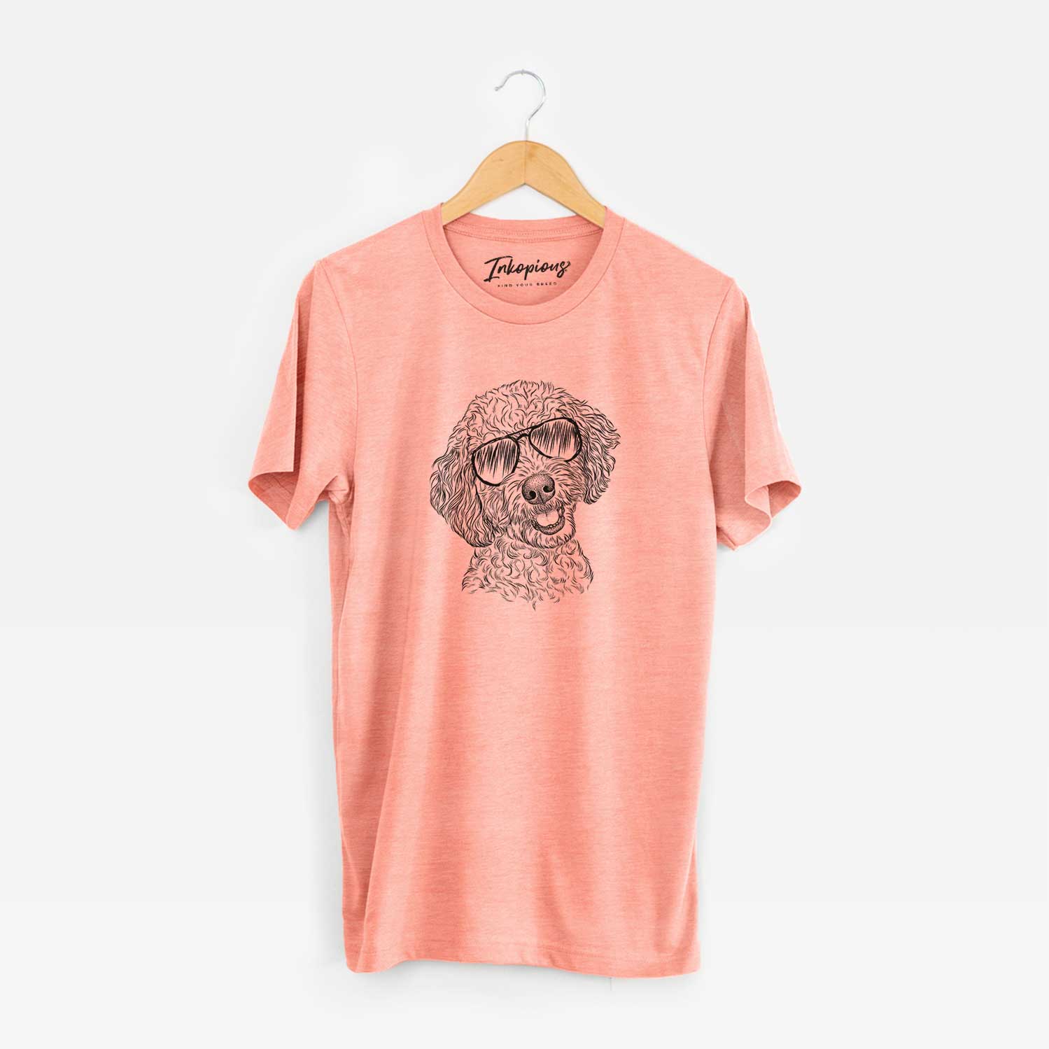 Hand-drawn sketch of Gizmo the Goldendoodle wearing aviator sunglasses on a Sunset Unisex crewneck