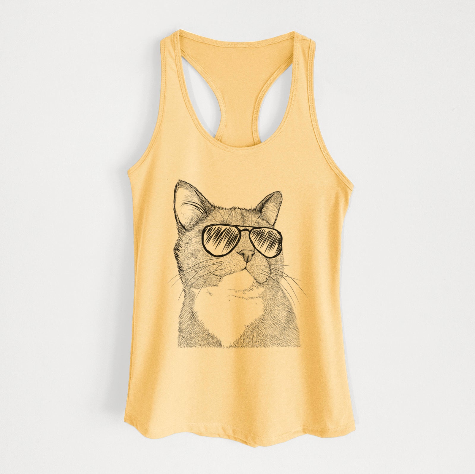 Hand-drawn sketch of Gizmo the Grey Cat wearing aviator sunglasses on a Banana Cream Women's racerback tanktop