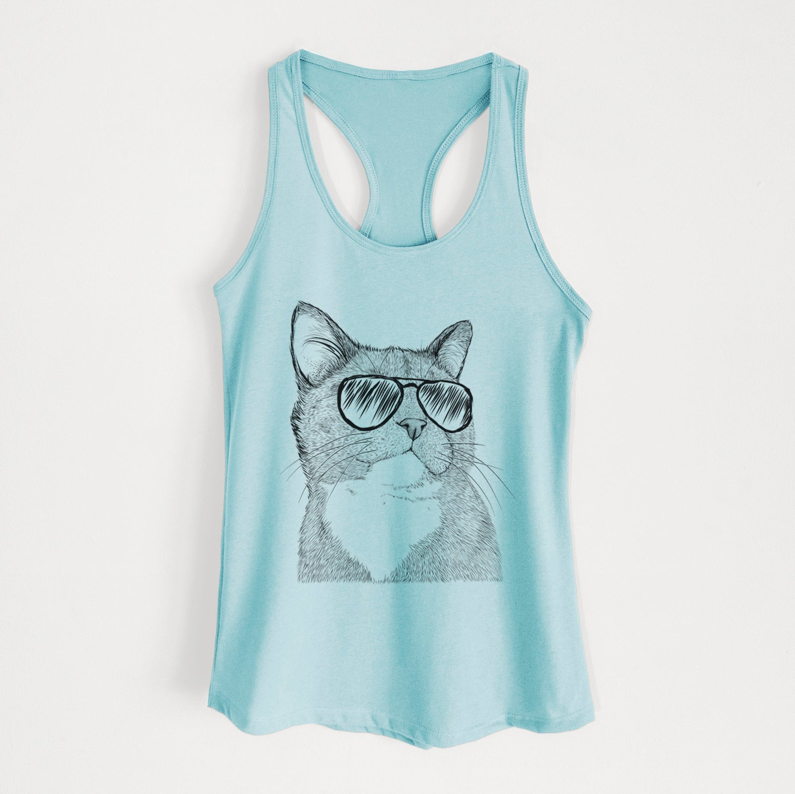 Hand-drawn sketch of Gizmo the Grey Cat wearing aviator sunglasses on a Cancun Blue Women's racerback tanktop