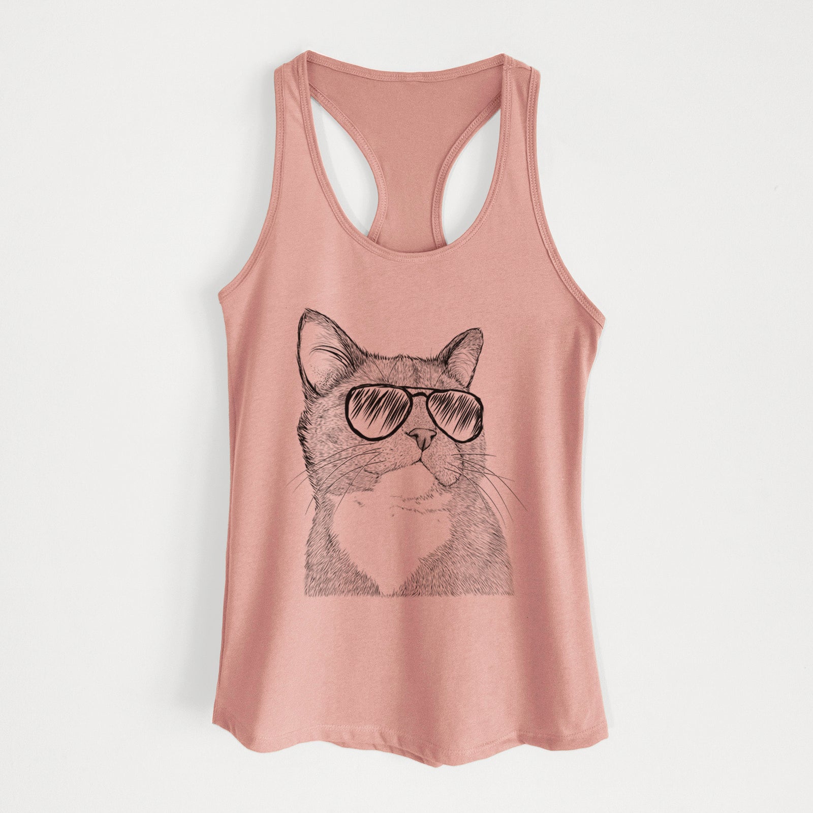 Hand-drawn sketch of Gizmo the Grey Cat wearing aviator sunglasses on a Desert Pink Women's racerback tanktop