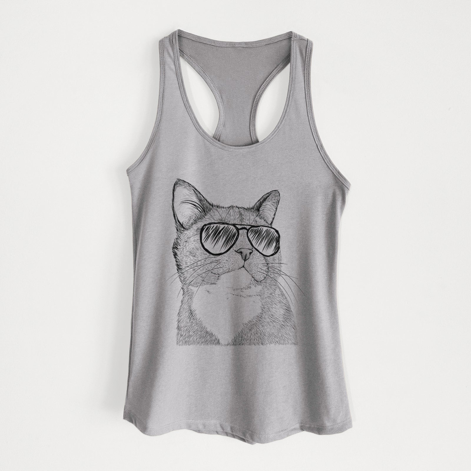 Hand-drawn sketch of Gizmo the Grey Cat wearing aviator sunglasses on a Heather Grey Women's racerback tanktop
