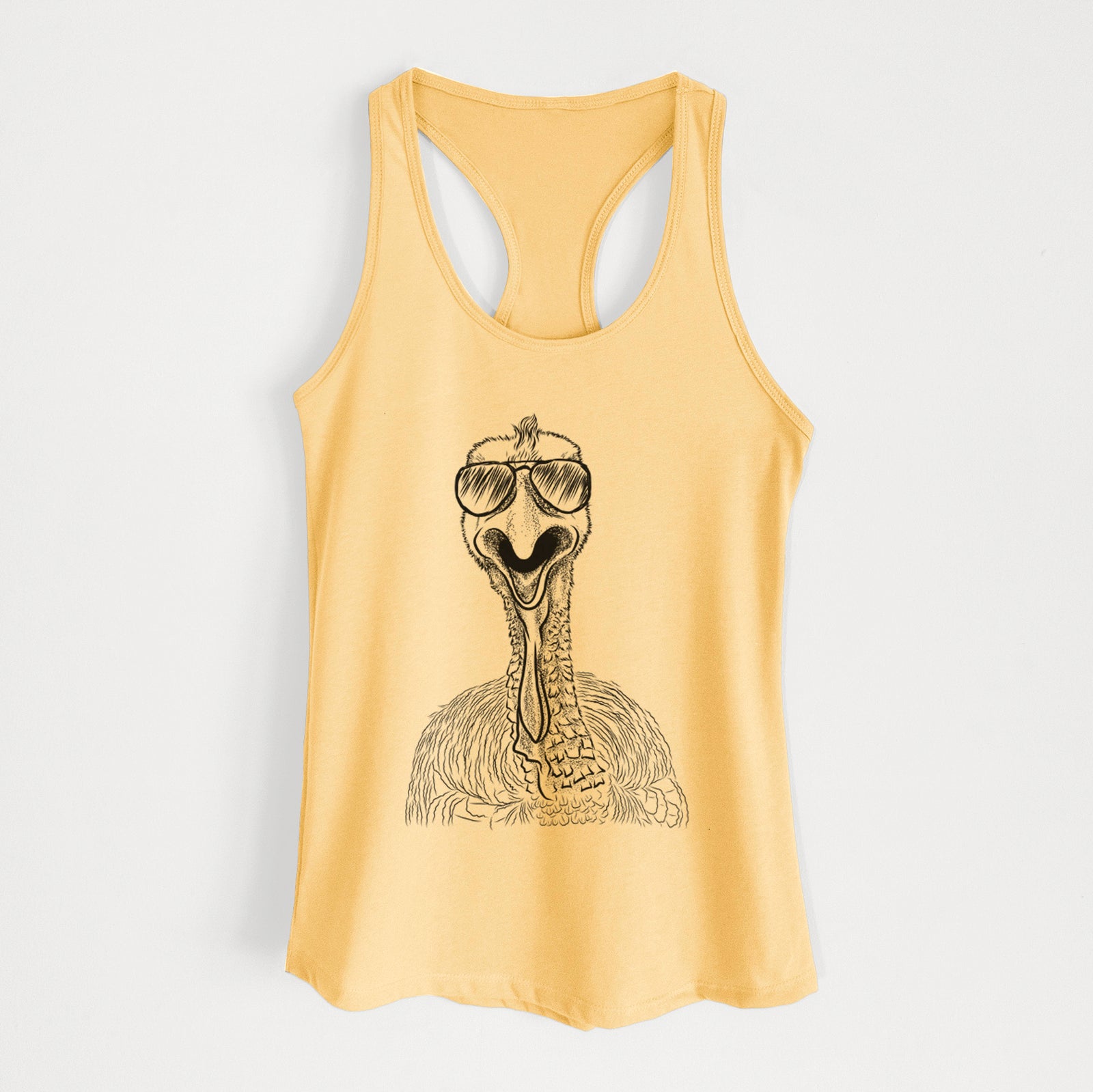 Hand-drawn sketch of Gobble the Turkey wearing aviator sunglasses on a Banana Cream Women's racerback tanktop