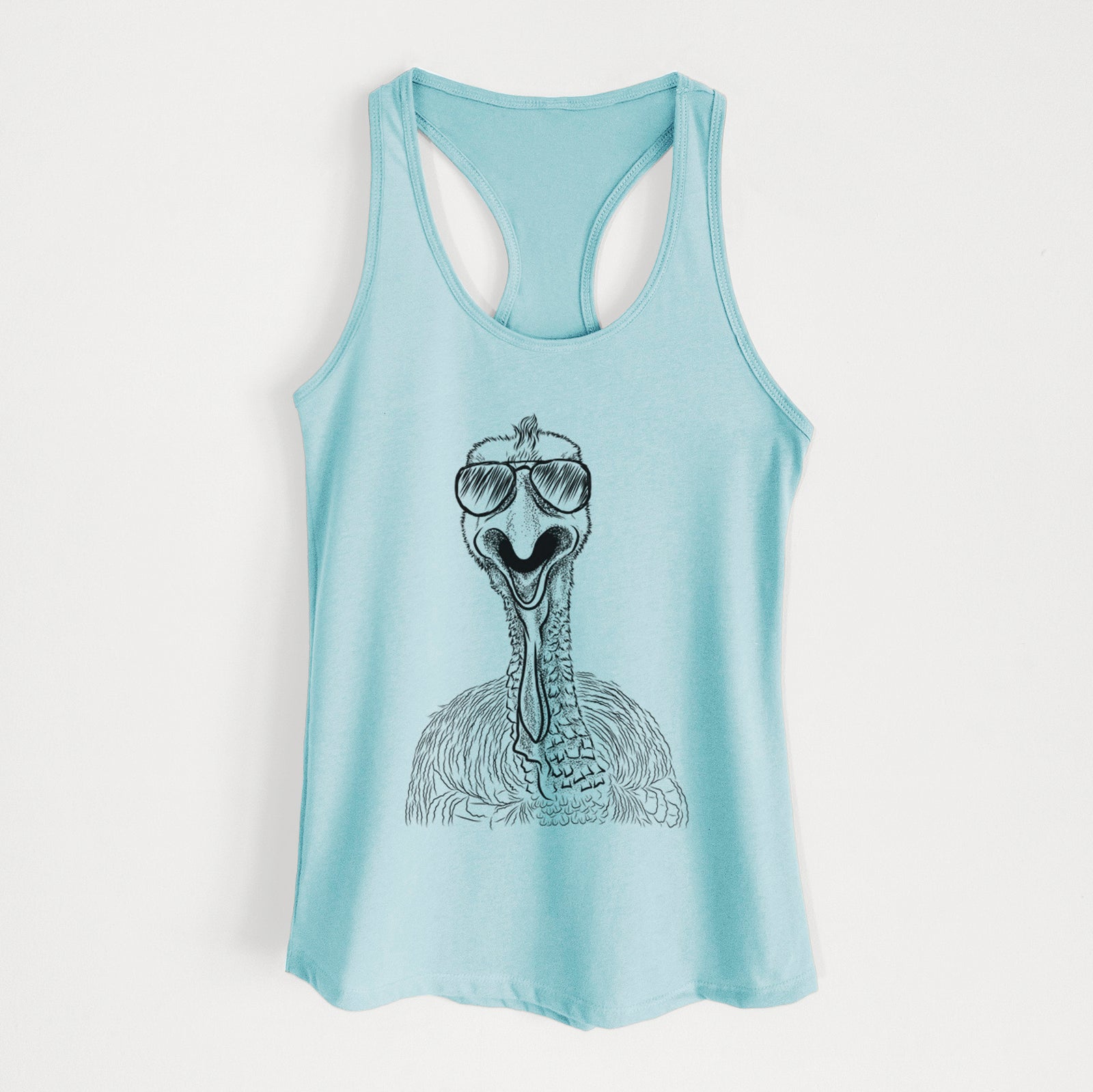 Hand-drawn sketch of Gobble the Turkey wearing aviator sunglasses on a Cancun Blue Women's racerback tanktop