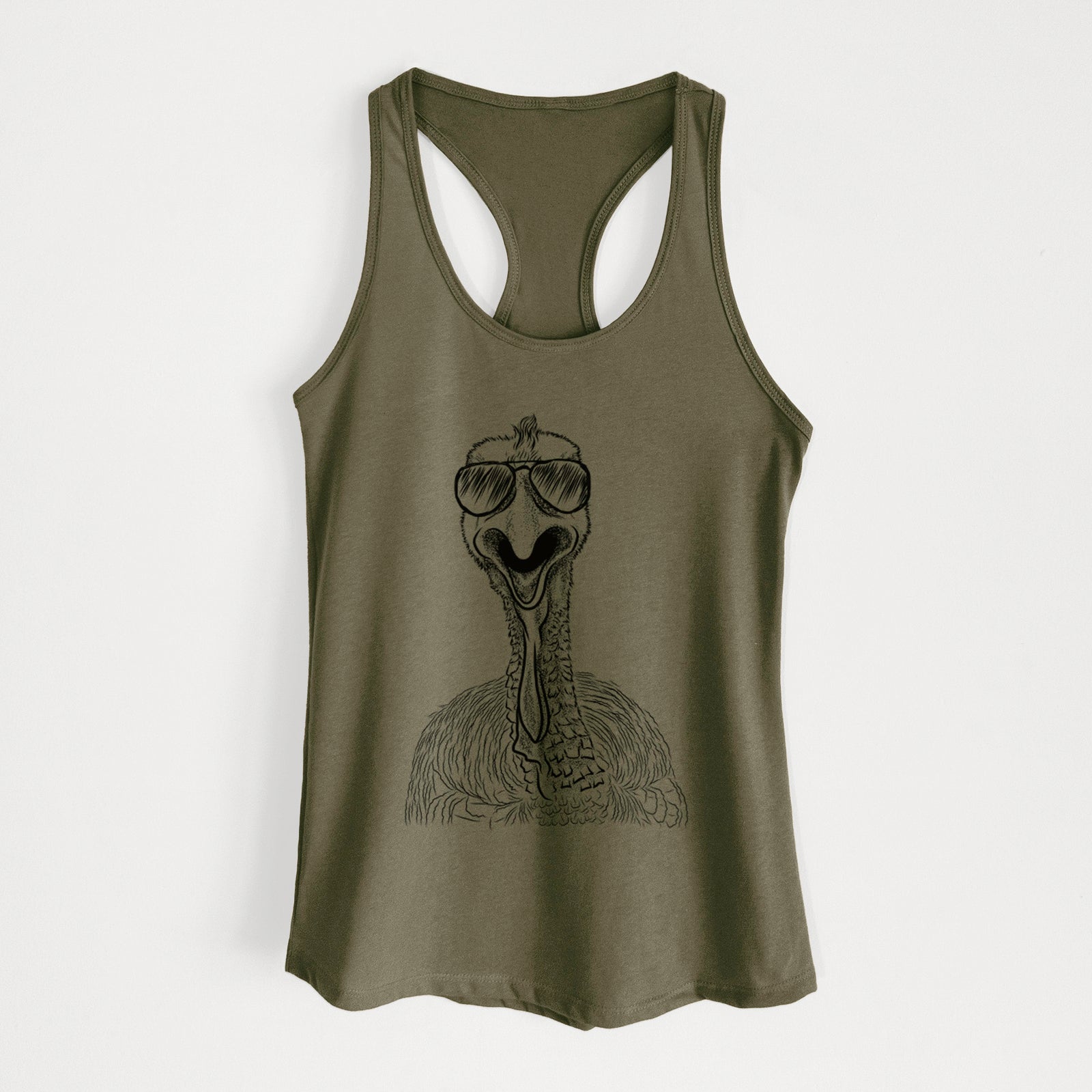 Hand-drawn sketch of Gobble the Turkey wearing aviator sunglasses on a Military Green Women's racerback tanktop