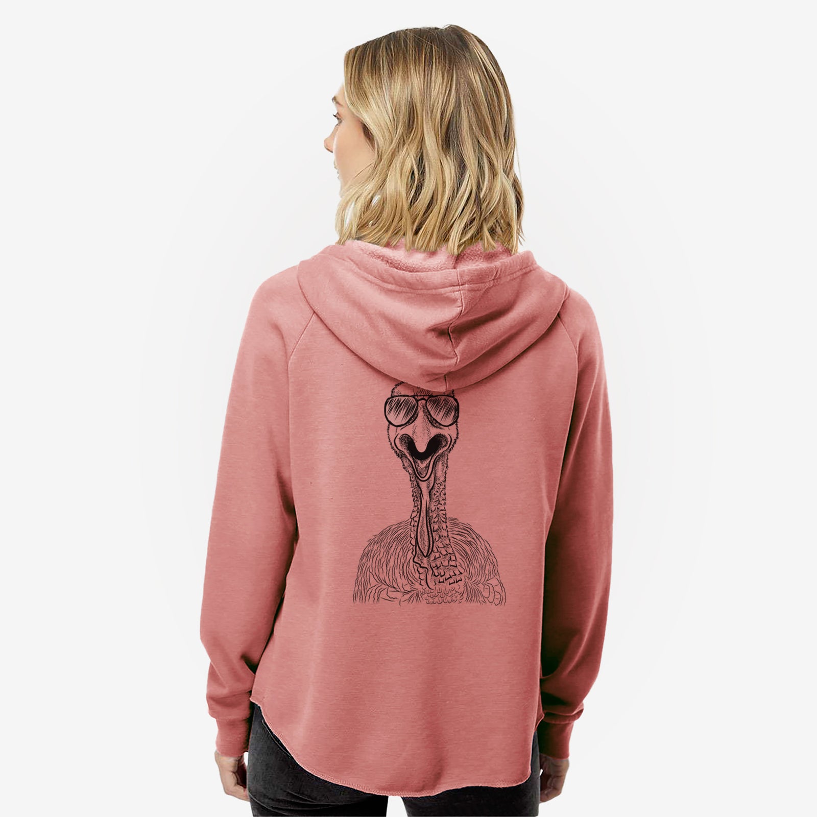 Hand-drawn sketch of Gobble the Turkey wearing aviator sunglasses on a Dusty Rose Women's cali wave zip-up sweatshirt