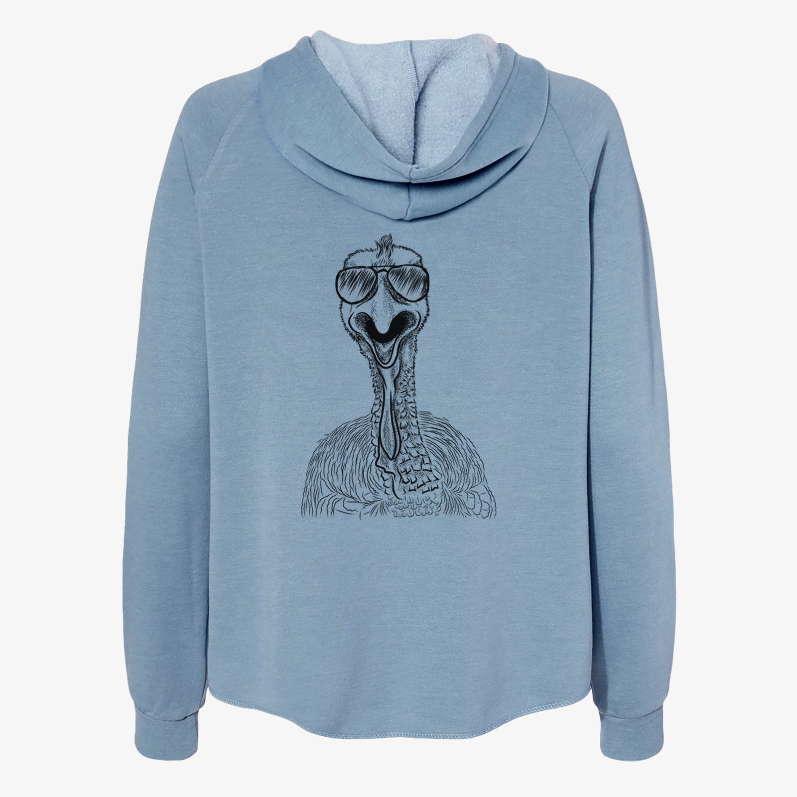 Hand-drawn sketch of Gobble the Turkey wearing aviator sunglasses on a Misty Blue Women's cali wave zip-up sweatshirt