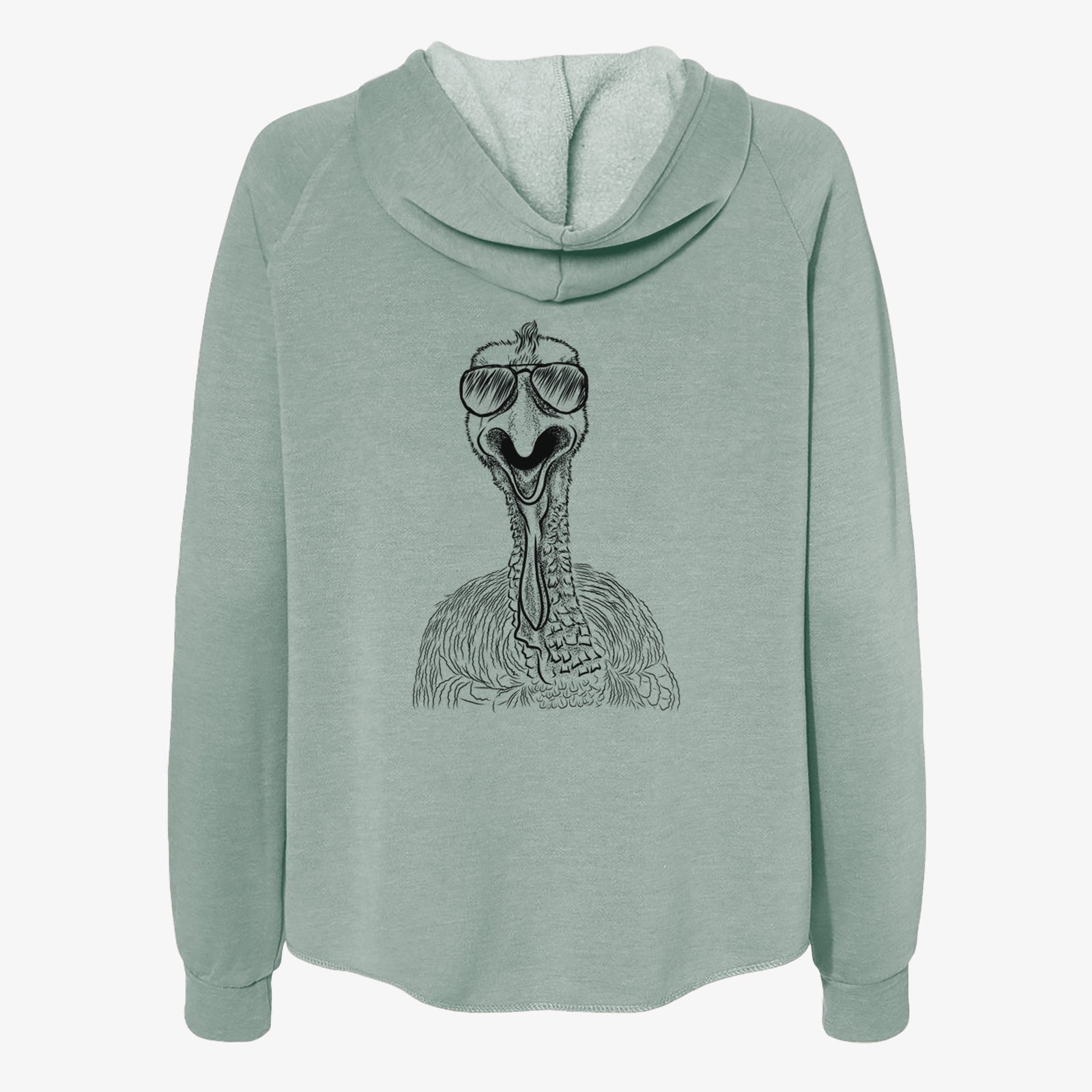 Hand-drawn sketch of Gobble the Turkey wearing aviator sunglasses on a Sage Women's cali wave zip-up sweatshirt