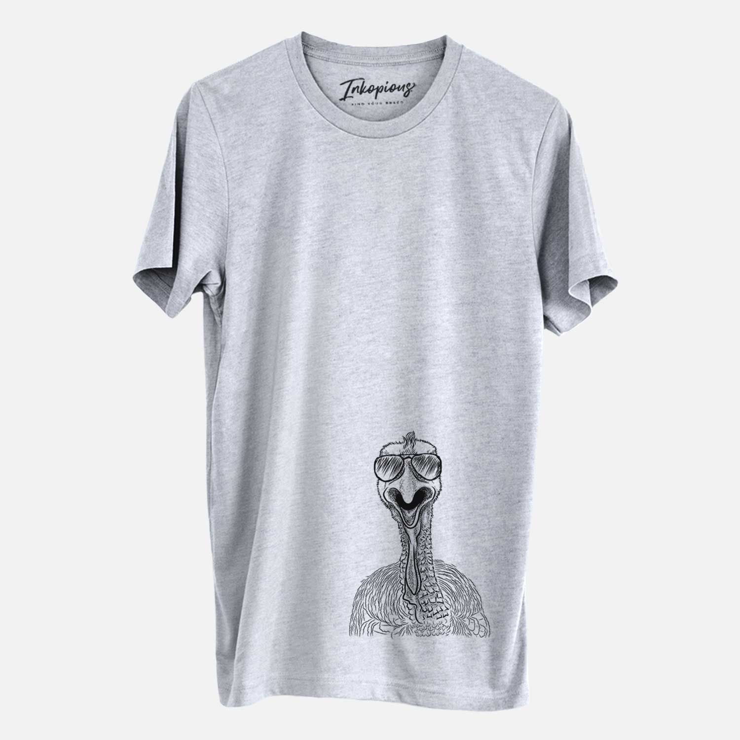 Hand-drawn sketch of Gobble the Turkey wearing aviator sunglasses on a Grey Unisex crewneck