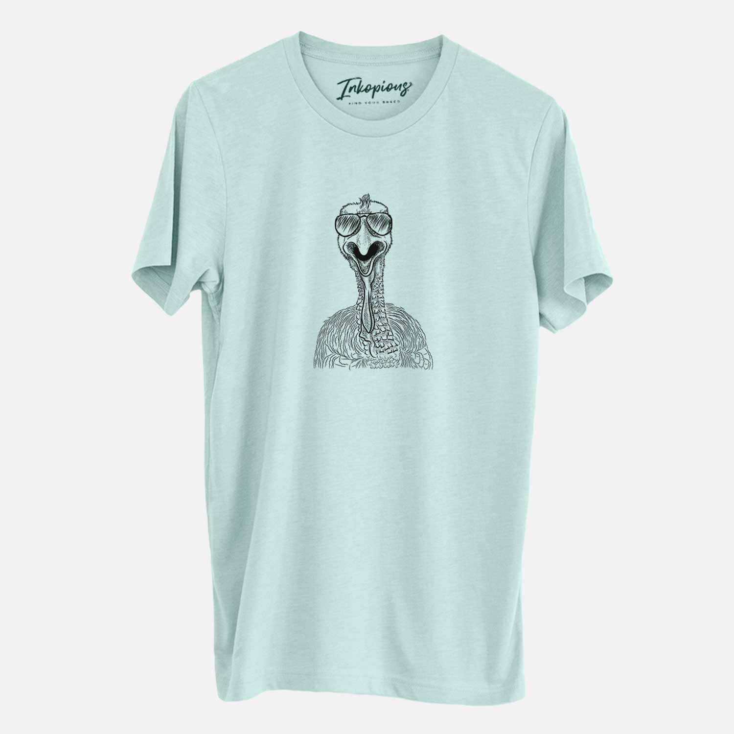 Hand-drawn sketch of Gobble the Turkey wearing aviator sunglasses on a Heather Sage Unisex crewneck