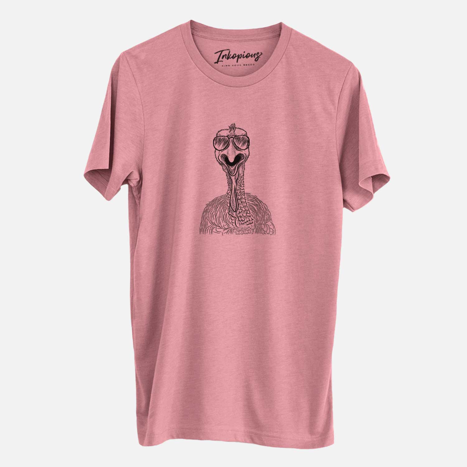 Hand-drawn sketch of Gobble the Turkey wearing aviator sunglasses on a Mauve Unisex crewneck