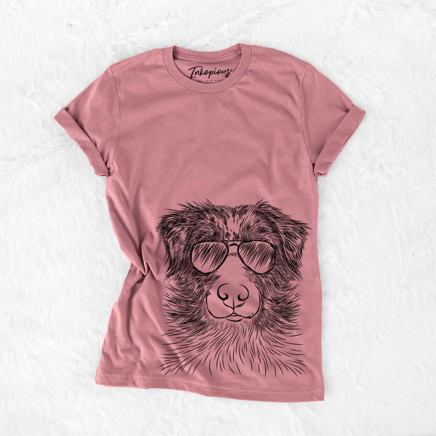 Hand-drawn sketch of Gram the Australian Shepherd wearing aviator sunglasses on a Mauve Bella Canvas Unisex Crewneck