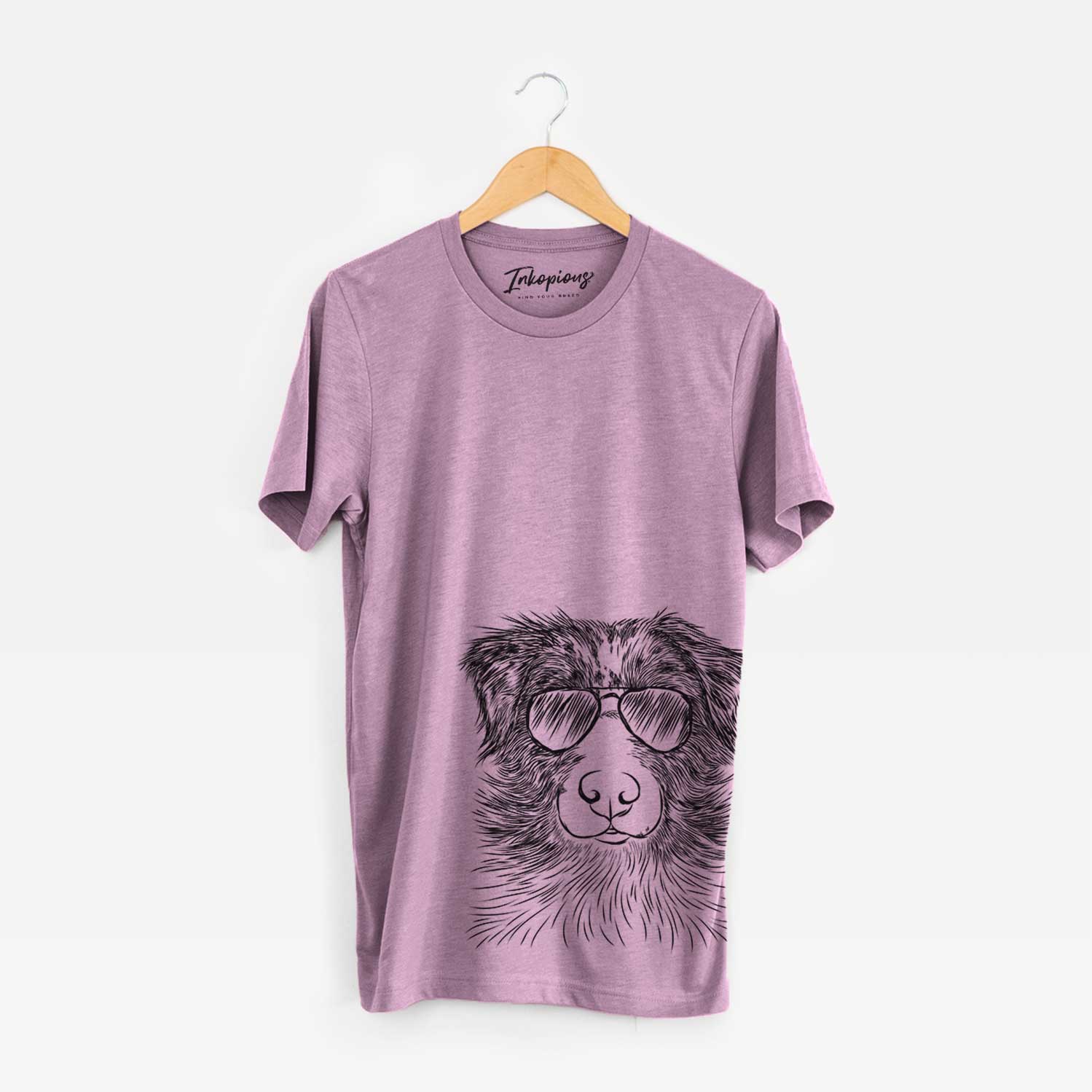 Hand-drawn sketch of Gram the Australian Shepherd wearing aviator sunglasses on an Orchid Bella Canvas Unisex Crewneck
