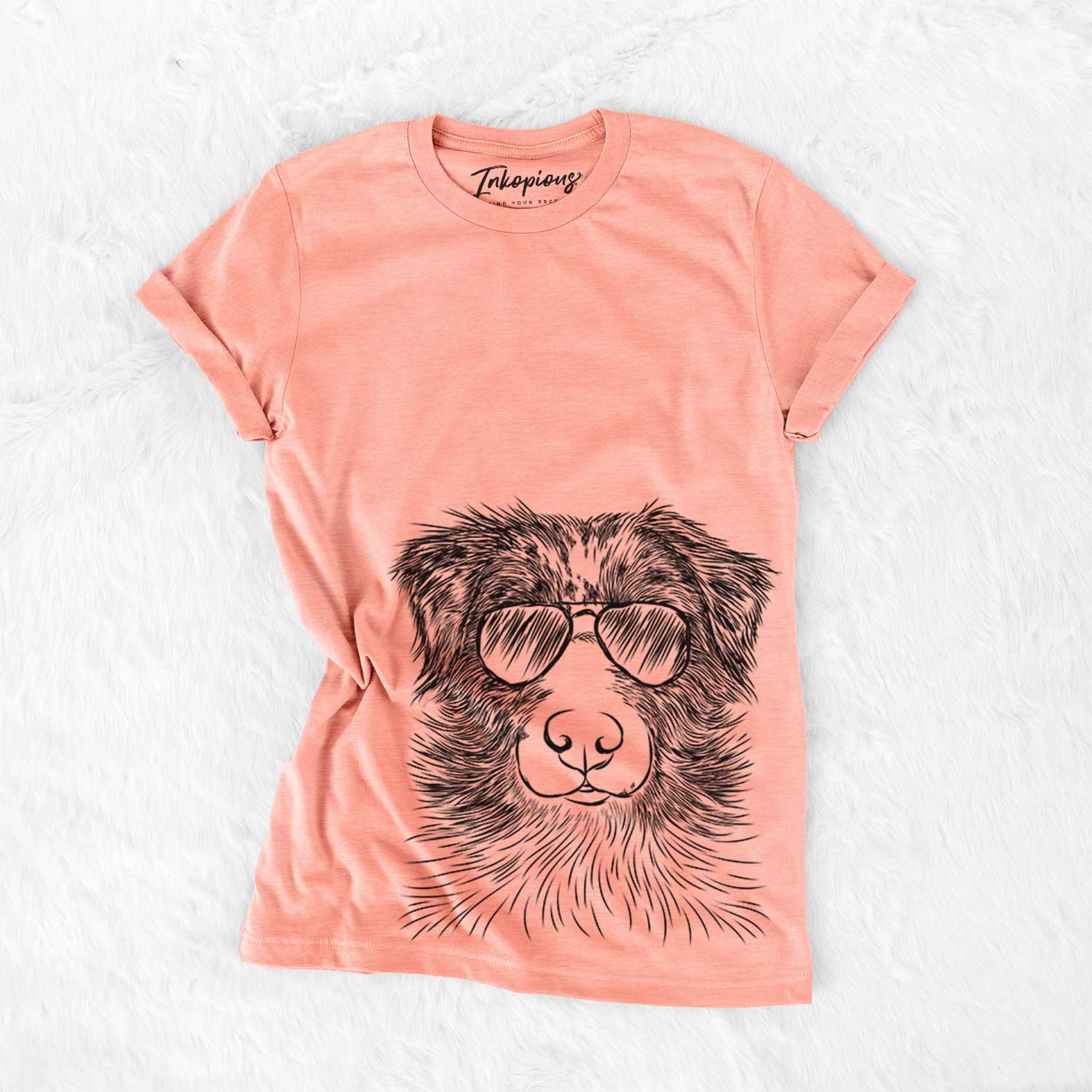 Hand-drawn sketch of Gram the Australian Shepherd wearing aviator sunglasses on a Sunset Bella Canvas Unisex Crewneck