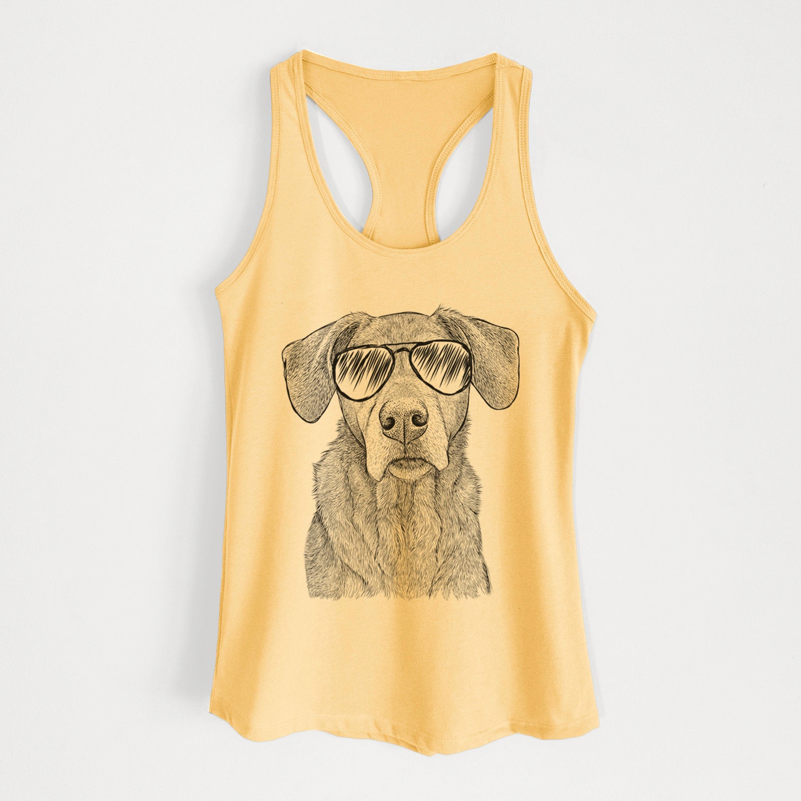Hand-drawn sketch of Gravy the Plott Hound Beagle Mix wearing aviator sunglasses on a Banana Cream Women's racerback tanktop
