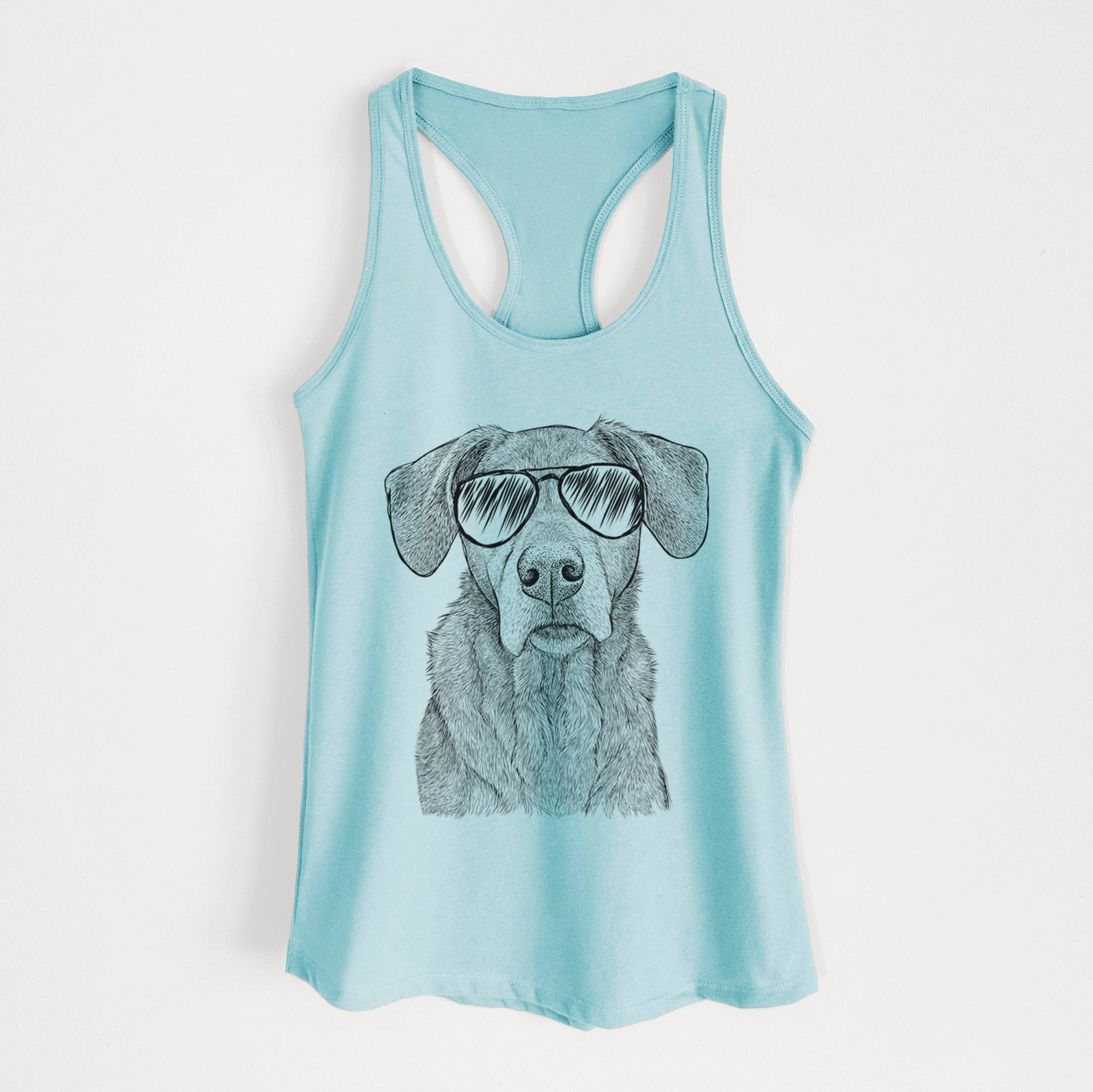 Hand-drawn sketch of Gravy the Plott Hound Beagle Mix wearing aviator sunglasses on a Cancun Blue Women's racerback tanktop