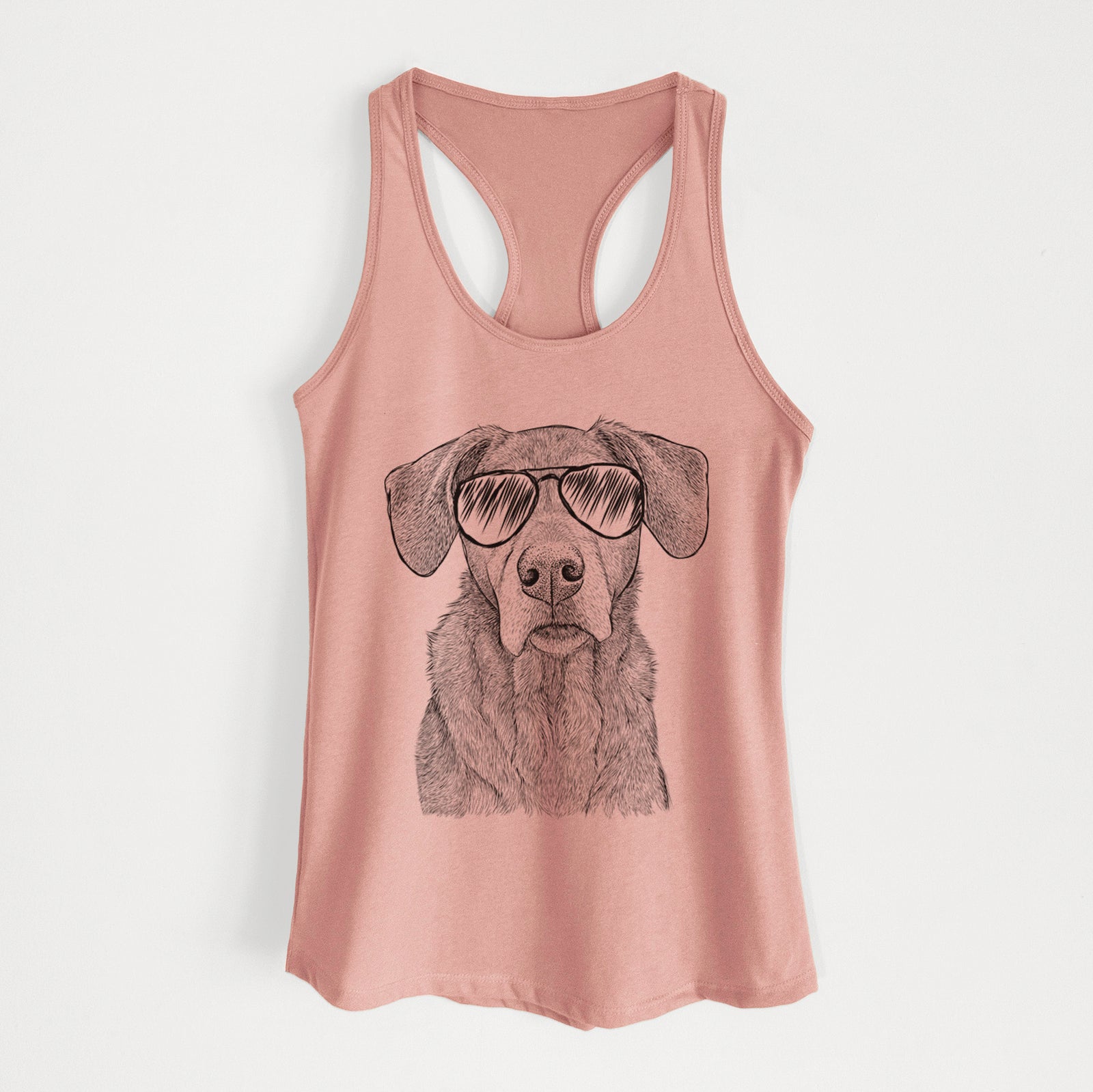 Hand-drawn sketch of Gravy the Plott Hound Beagle Mix wearing aviator sunglasses on a Desert Pink Women's racerback tanktop