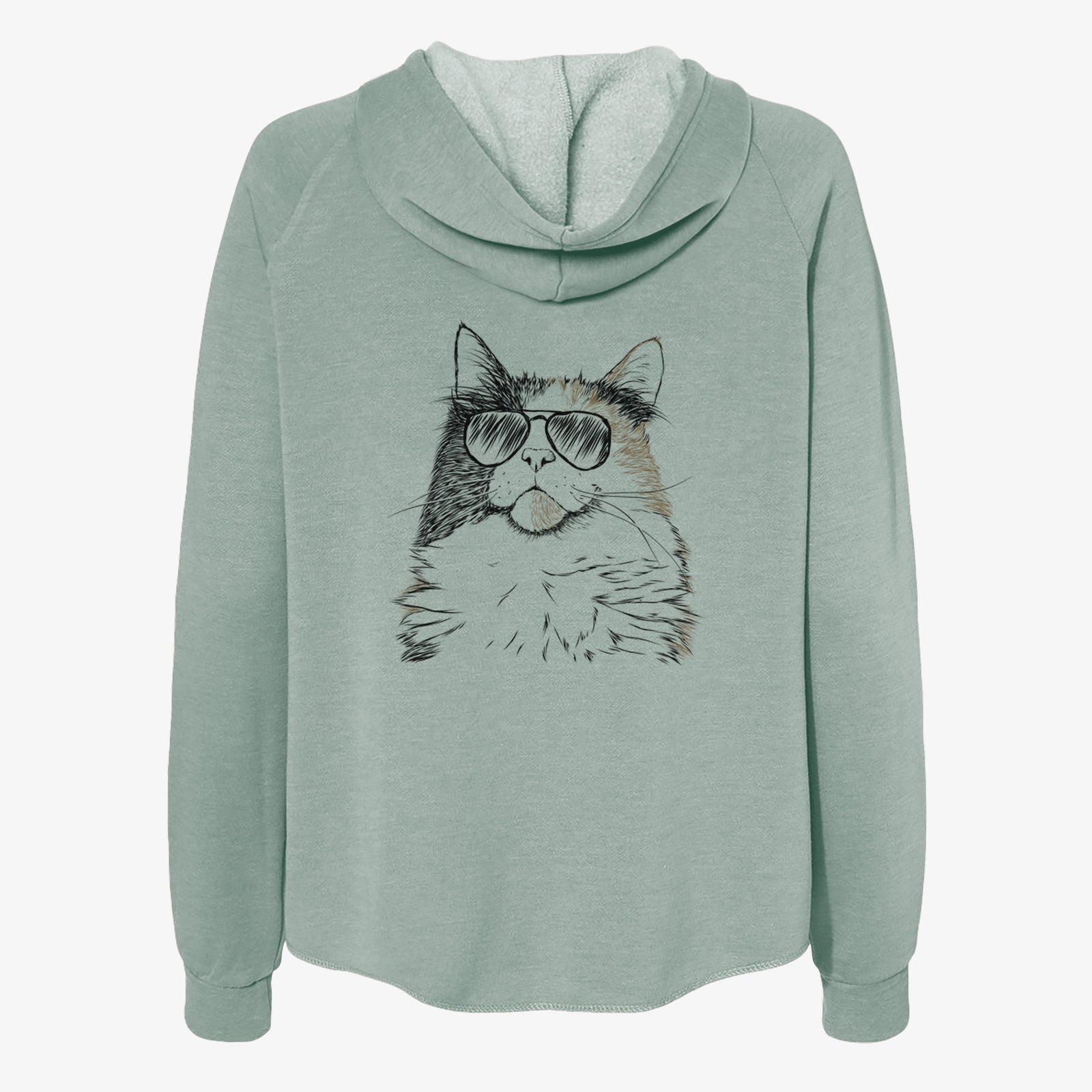 Hand-drawn sketch of Greta the Calico Cat wearing aviator sunglasses on a Sage Women's cali wave zip-up sweatshirt
