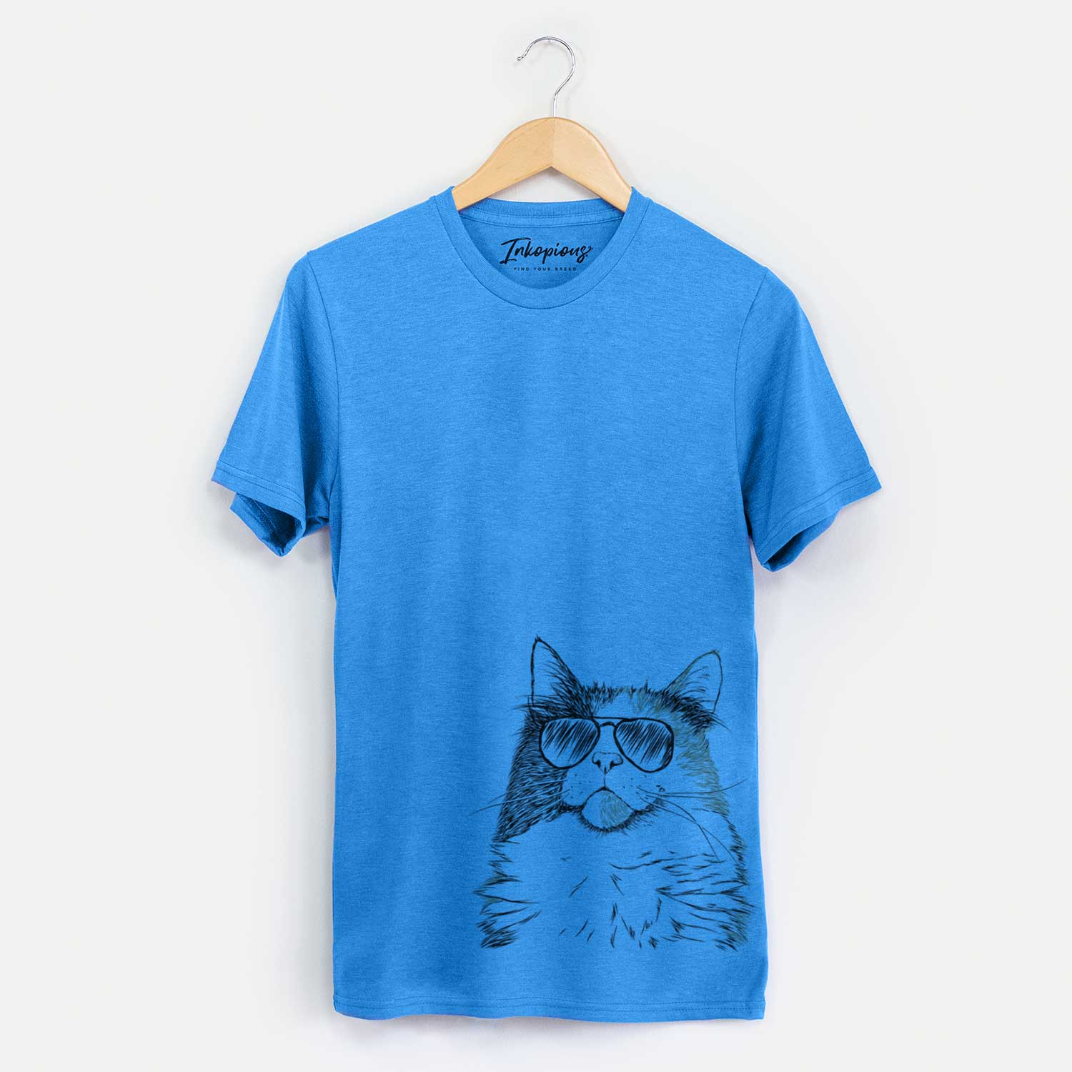 Hand-drawn sketch of Greta the Calico Cat wearing aviator sunglasses on a Blue Unisex crewneck