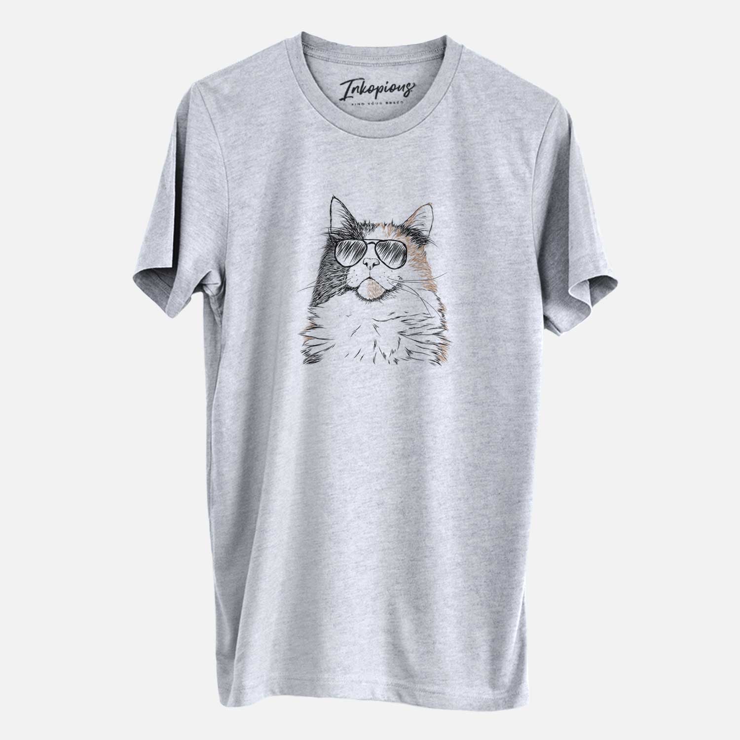 Hand-drawn sketch of Greta the Calico Cat wearing aviator sunglasses on a Grey Unisex crewneck
