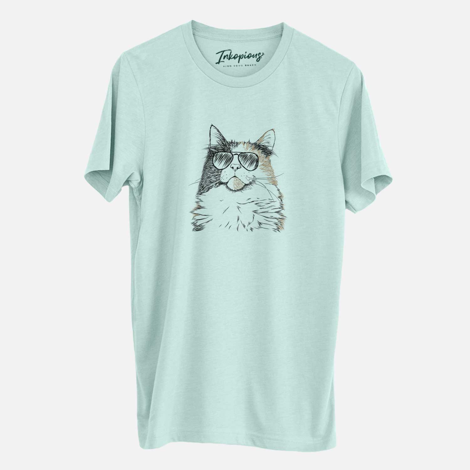 Hand-drawn sketch of Greta the Calico Cat wearing aviator sunglasses on a Heather Sage Unisex crewneck