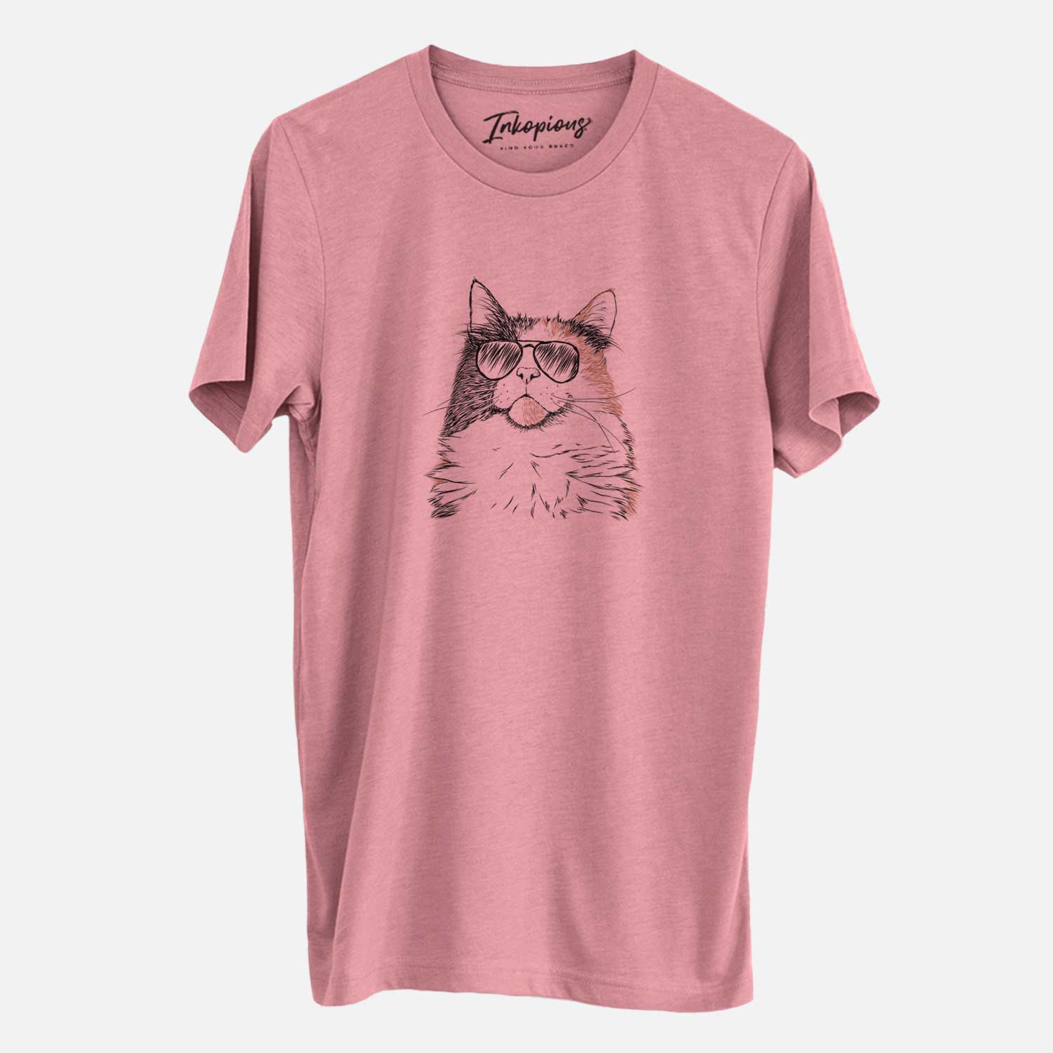Hand-drawn sketch of Greta the Calico Cat wearing aviator sunglasses on a Mauve Unisex crewneck