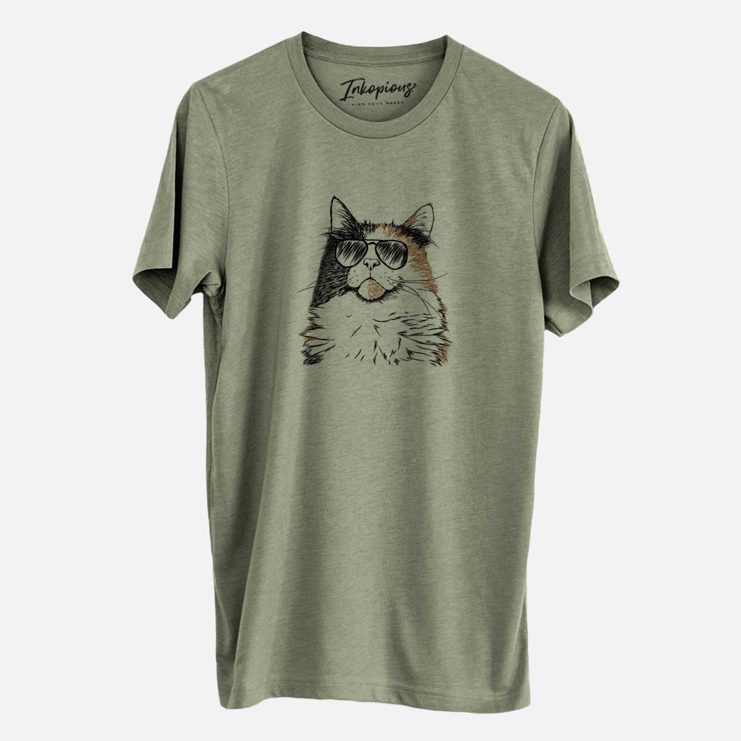 Hand-drawn sketch of Greta the Calico Cat wearing aviator sunglasses on an Olive Unisex crewneck