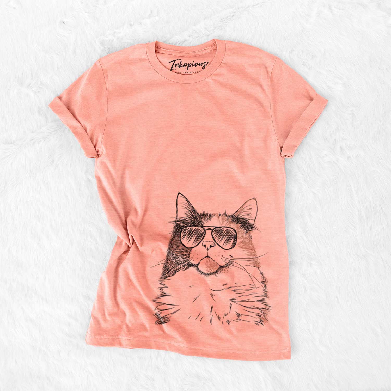 Hand-drawn sketch of Greta the Calico Cat wearing aviator sunglasses on a Sunset Bella Canvas Unisex Crewneck