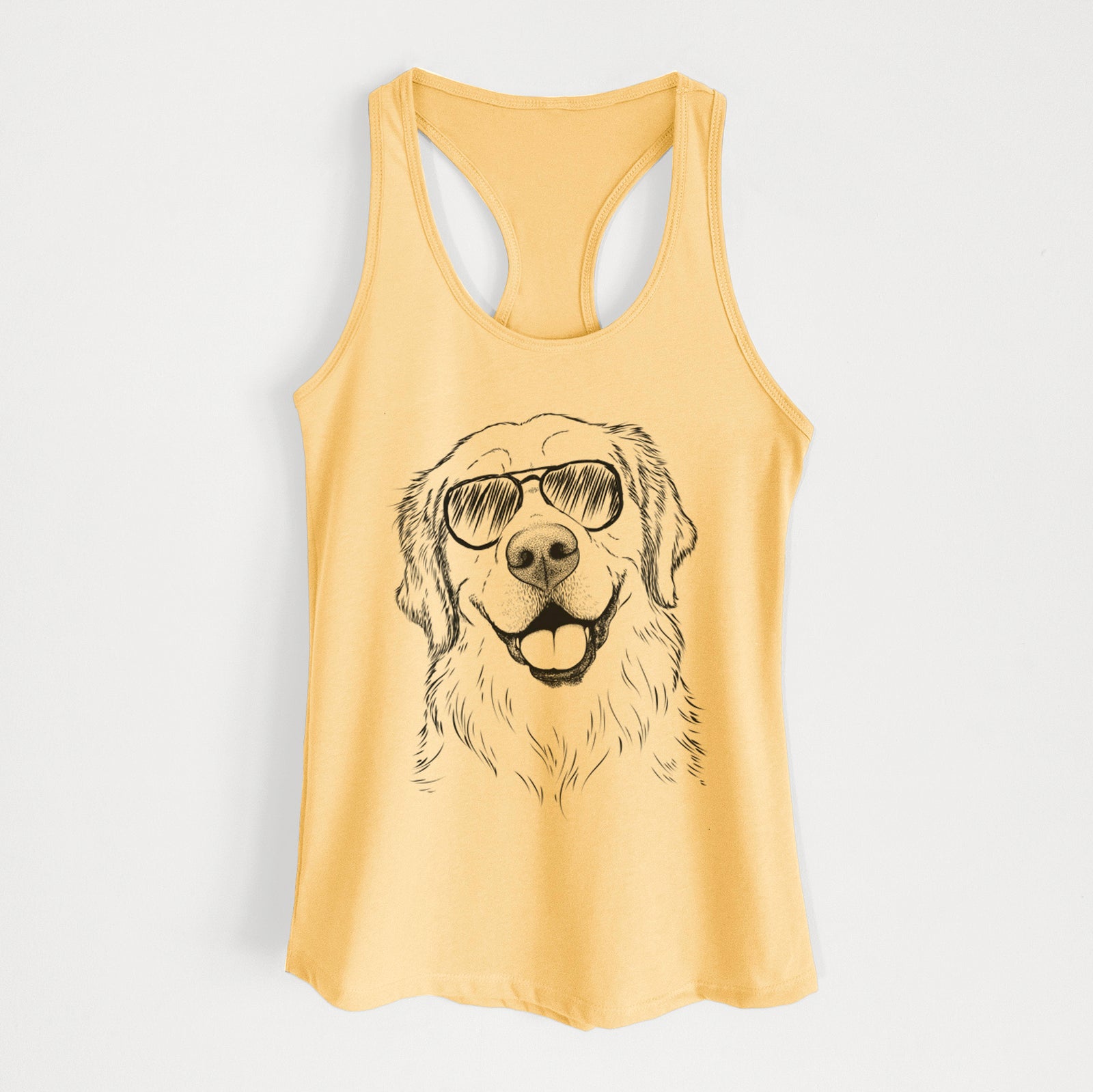Hand-drawn sketch of Griffin the Golden Retriever wearing aviator sunglasses on a Banana Cream Women's racerback tanktop