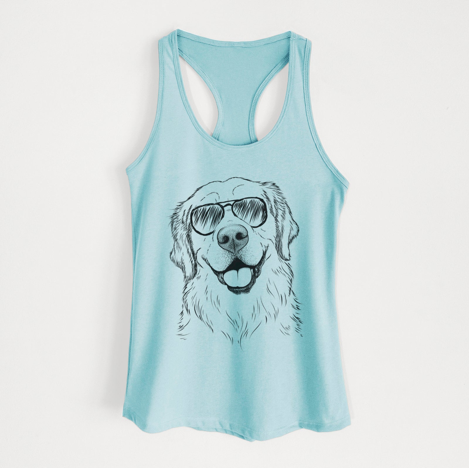 Hand-drawn sketch of Griffin the Golden Retriever wearing aviator sunglasses on a Cancun Blue Women's racerback tanktop