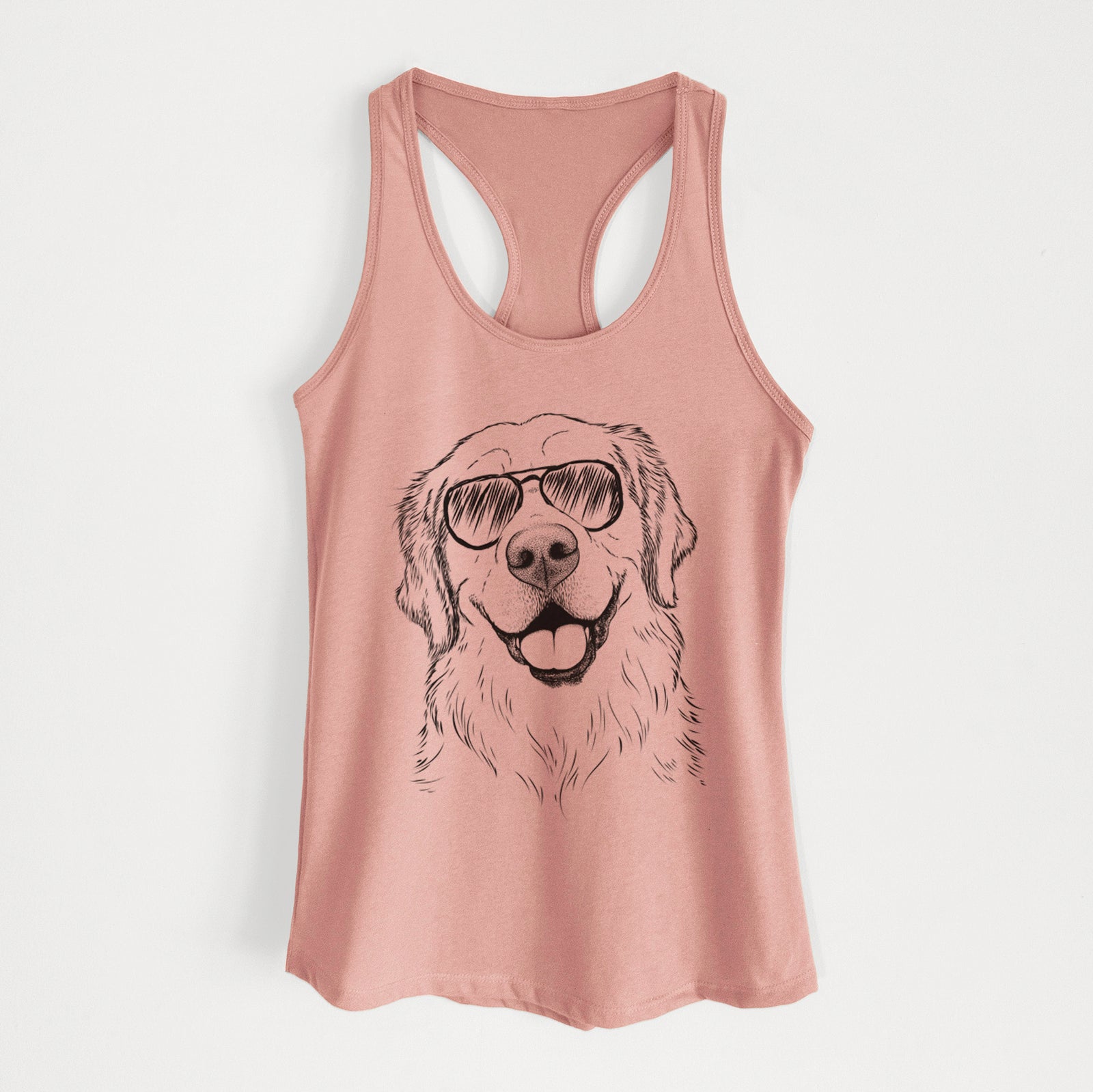 Hand-drawn sketch of Griffin the Golden Retriever wearing aviator sunglasses on a Desert Pink Women's racerback tanktop