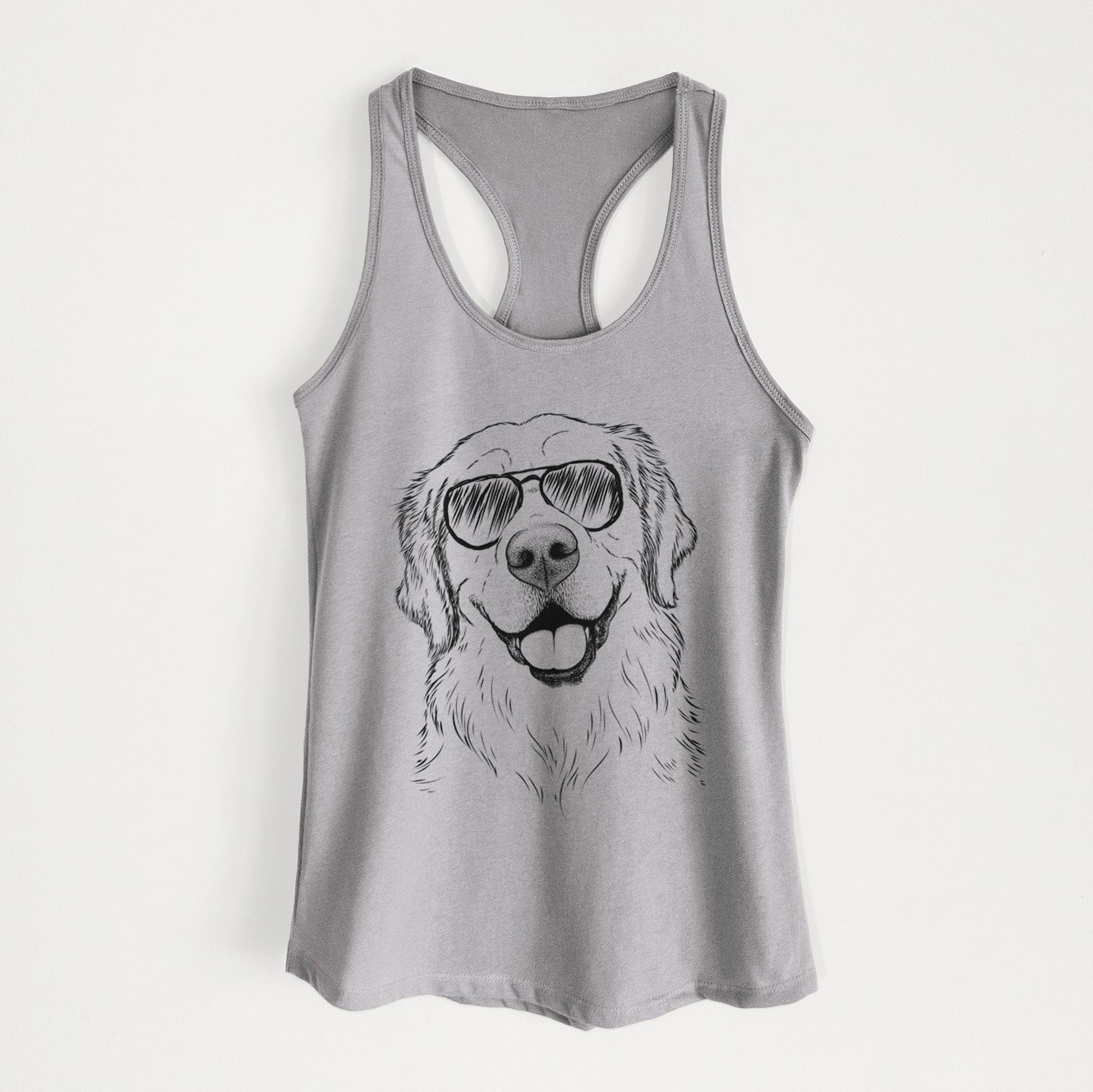 Hand-drawn sketch of Griffin the Golden Retriever wearing aviator sunglasses on a Heather Grey Women's racerback tanktop
