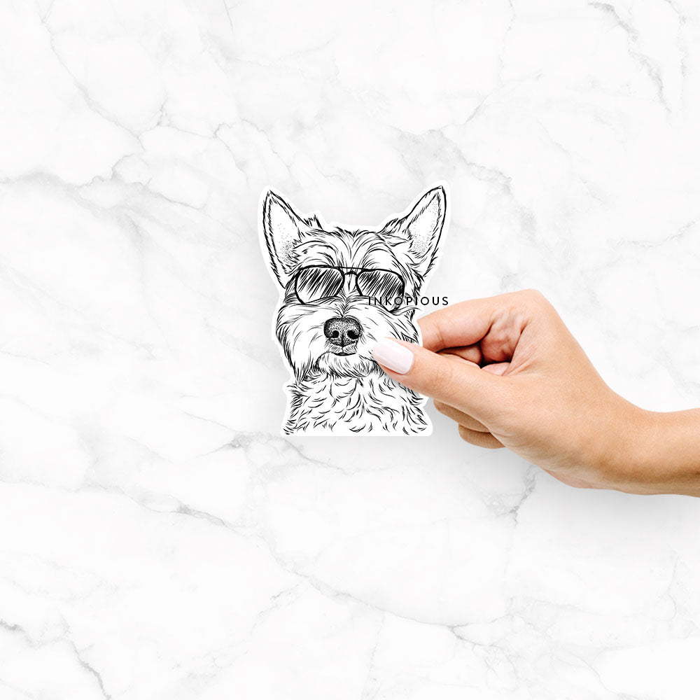 Hand-drawn sketch of Grizel the West Highland Terrier wearing aviator sunglasses on a decal sticker