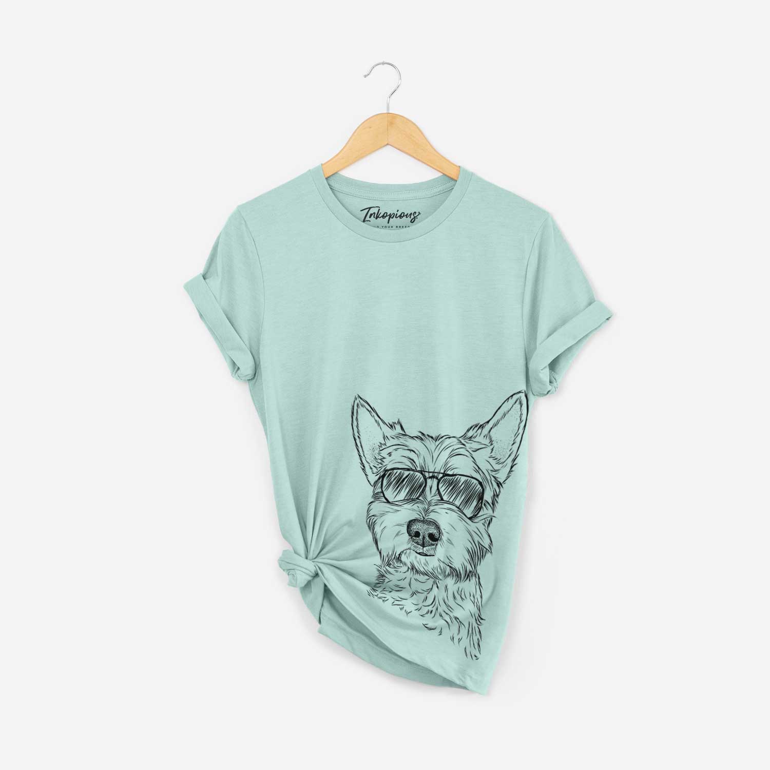 Hand-drawn sketch of Grizel the West Highland Terrier wearing aviator sunglasses on a Heather Sage Bella Canvas Unisex Crewneck