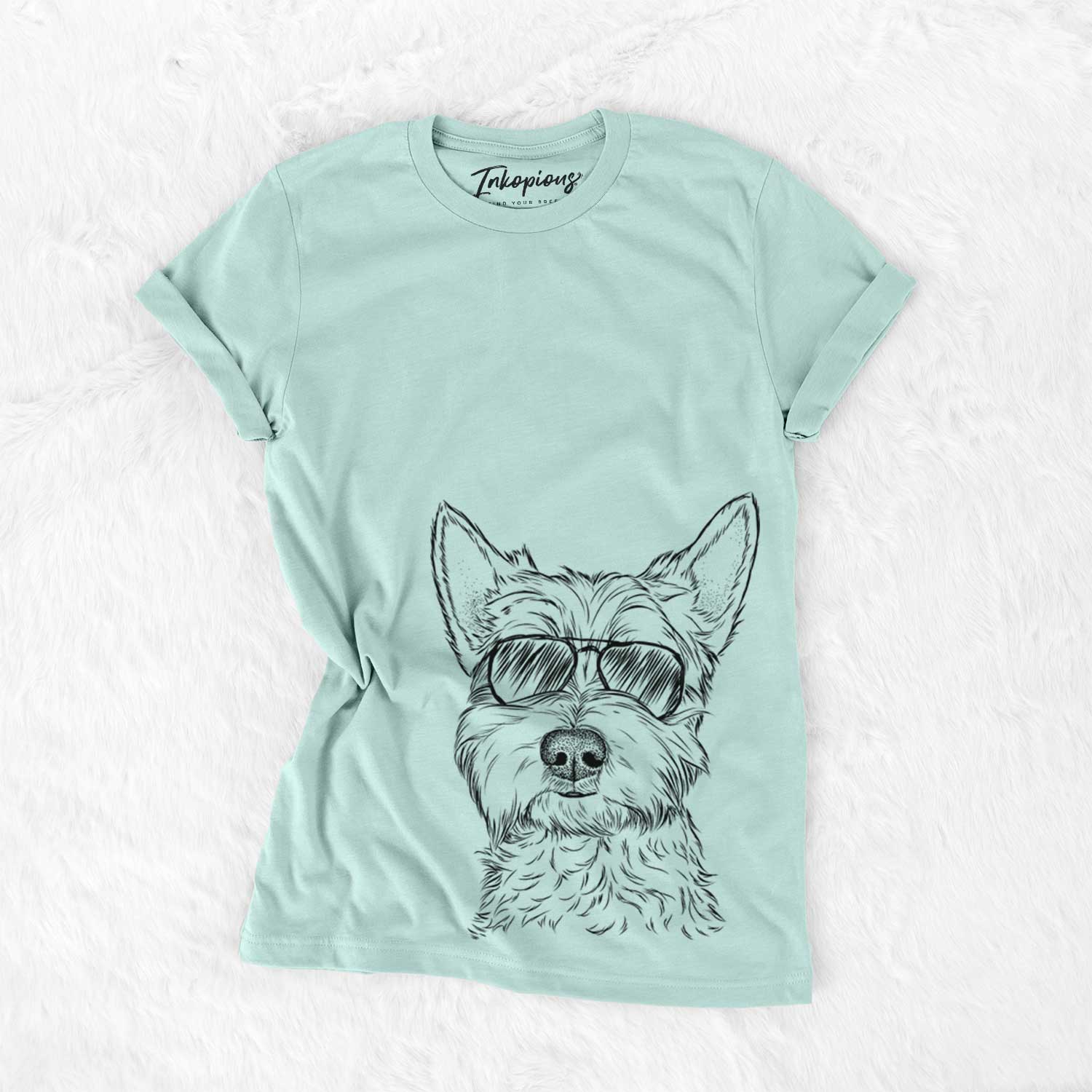 Hand-drawn sketch of Grizel the West Highland Terrier wearing aviator sunglasses on a Heather Sage Unisex crewneck
