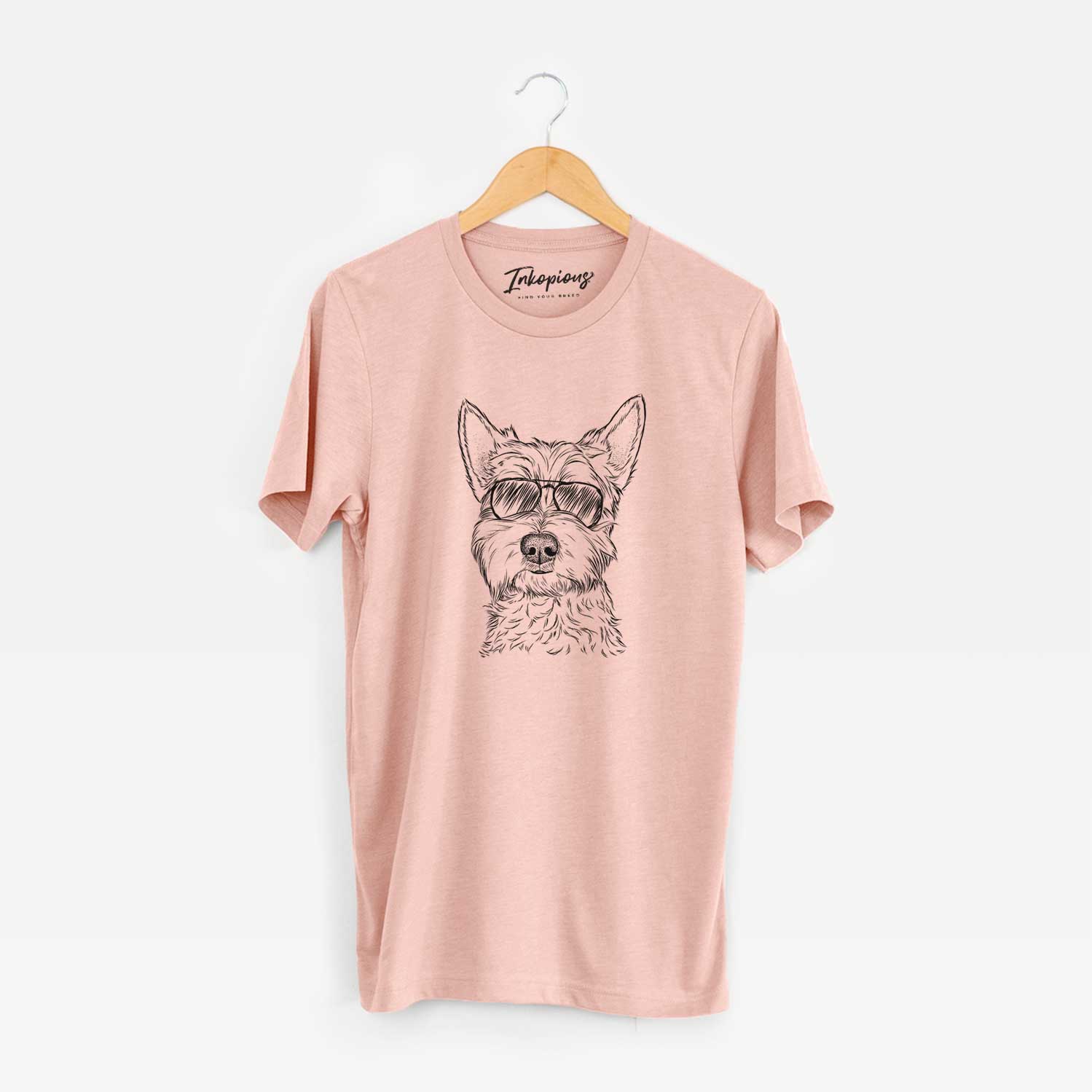 Hand-drawn sketch of Grizel the West Highland Terrier wearing aviator sunglasses on a Peach Unisex crewneck