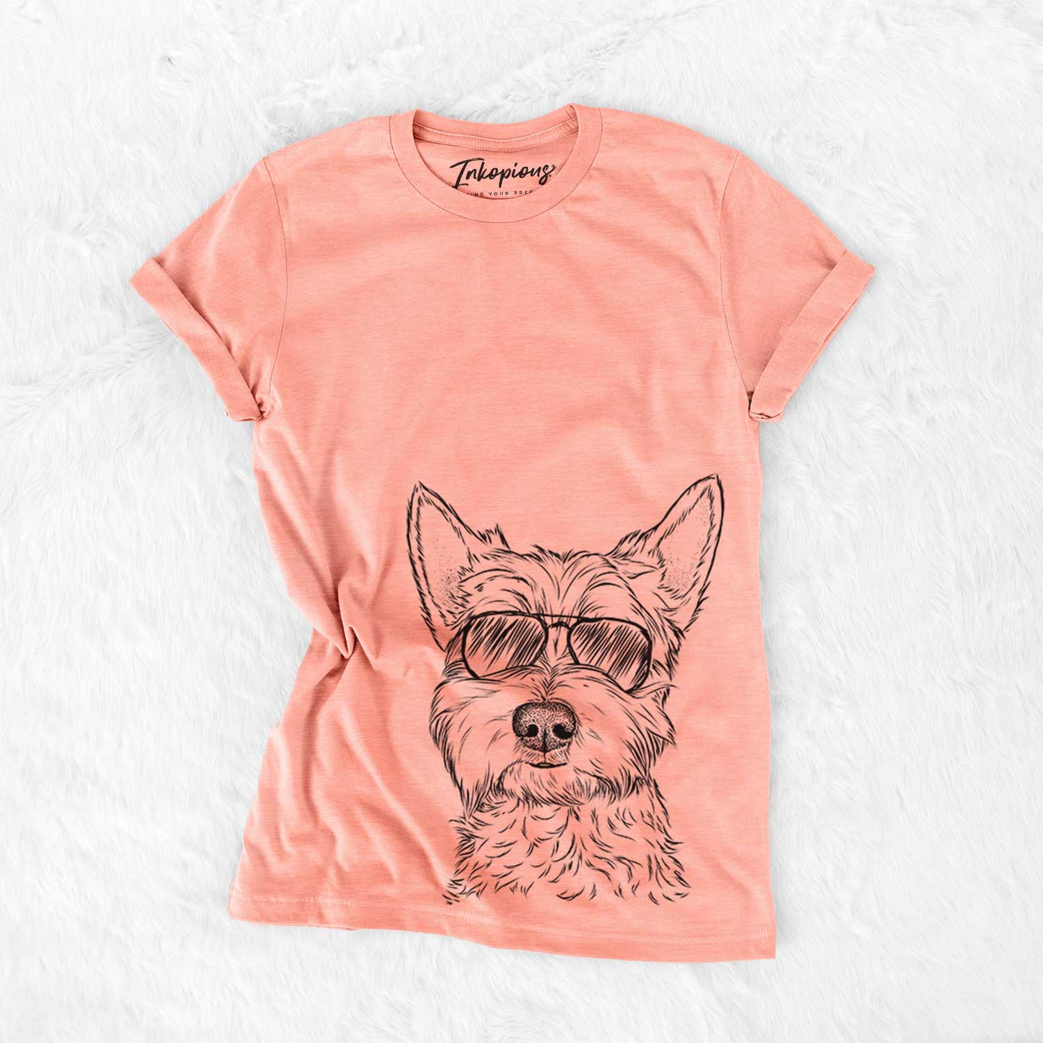 Hand-drawn sketch of Grizel the West Highland Terrier wearing aviator sunglasses on a Sunset Bella Canvas Unisex Crewneck