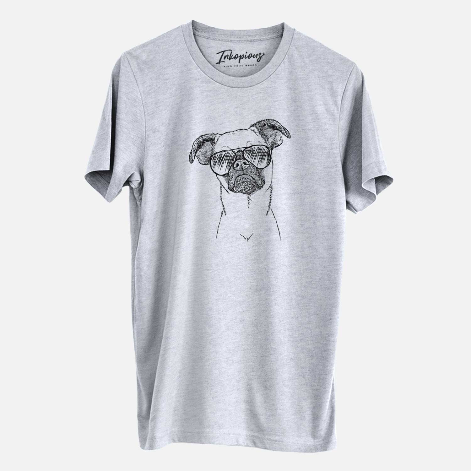 Hand-drawn sketch of Groot the Brussels Griffon wearing aviator sunglasses on a Grey Unisex crewneck