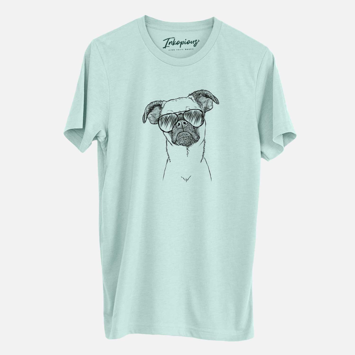 Hand-drawn sketch of Groot the Brussels Griffon wearing aviator sunglasses on a Heather Sage Unisex crewneck