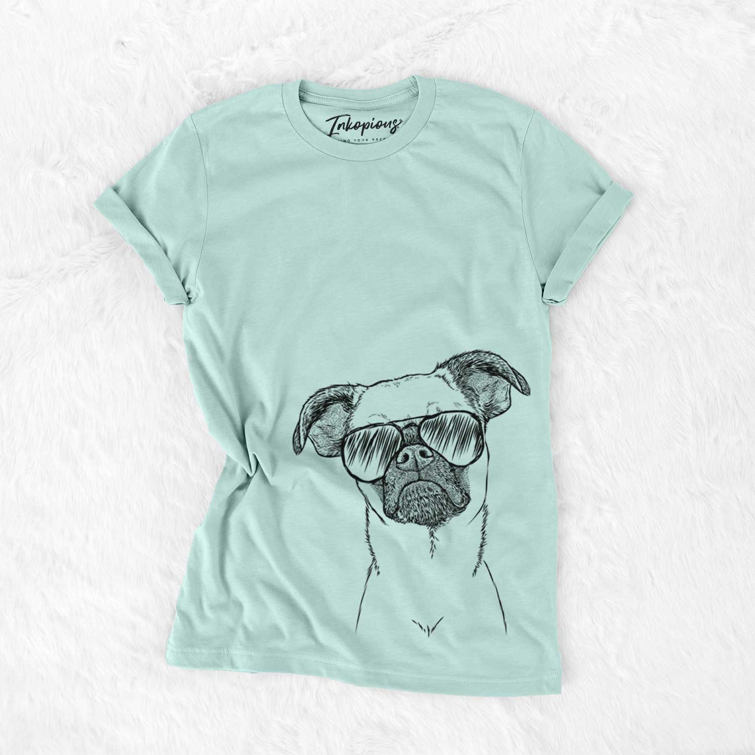 Hand-drawn sketch of Groot the Brussels Griffon wearing aviator sunglasses on a Heather Sage Unisex crewneck