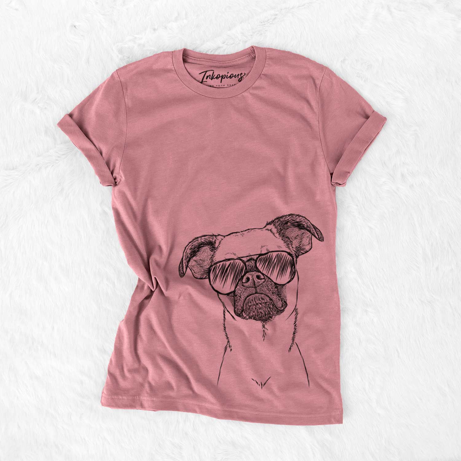 Hand-drawn sketch of Groot the Brussels Griffon wearing aviator sunglasses on a Mauve Unisex crewneck