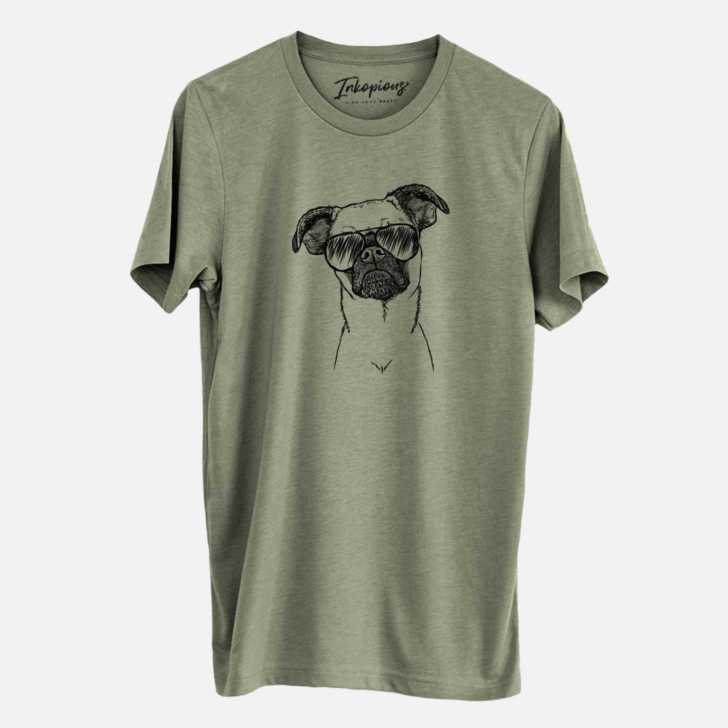 Hand-drawn sketch of Groot the Brussels Griffon wearing aviator sunglasses on an Olive Unisex crewneck
