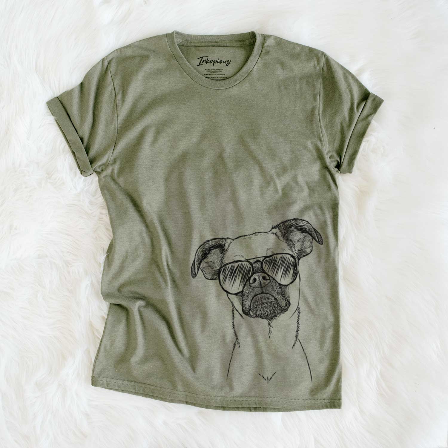 Hand-drawn sketch of Groot the Brussels Griffon wearing aviator sunglasses on an Olive Unisex crewneck