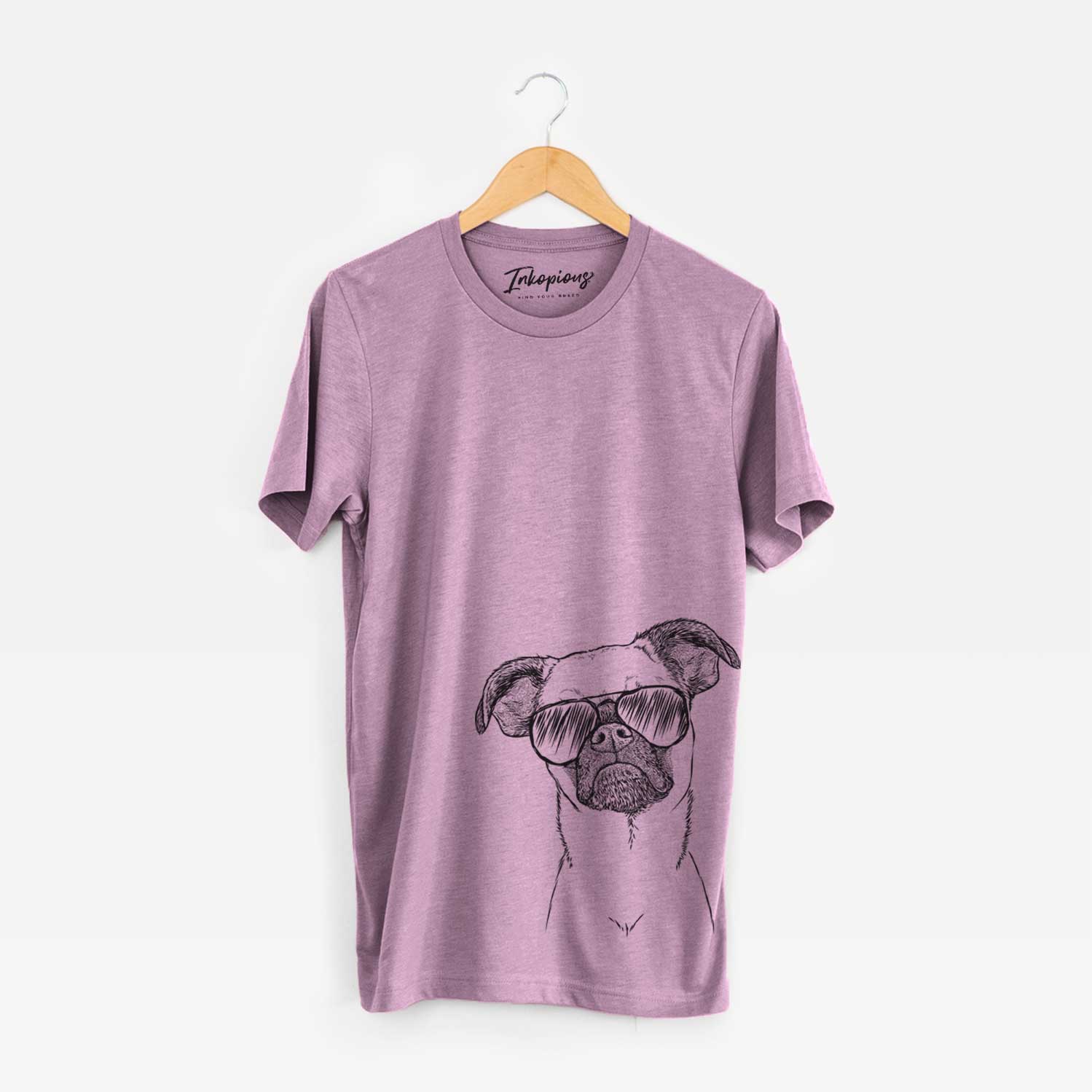 Hand-drawn sketch of Groot the Brussels Griffon wearing aviator sunglasses on an Orchid Unisex crewneck