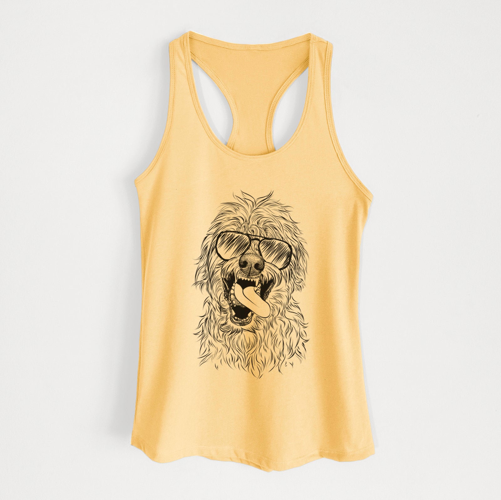 Hand-drawn sketch of Groot the Irish Wolfhound wearing aviator sunglasses on a Banana Cream Women's racerback tanktop