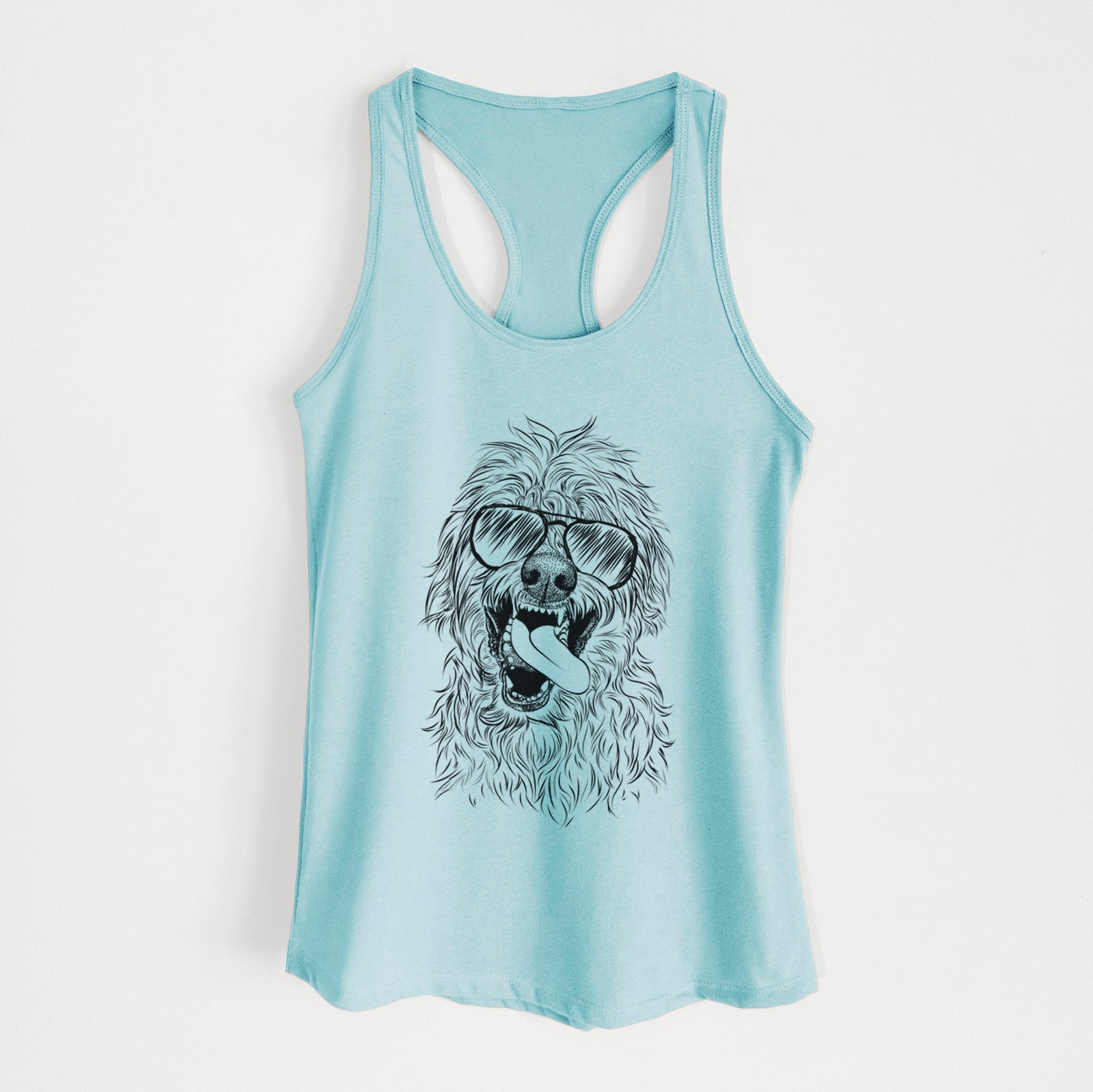 Hand-drawn sketch of Groot the Irish Wolfhound wearing aviator sunglasses on a Cancun Blue Women's racerback tanktop